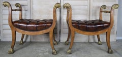 Pair of Gilded Lion Head Tufted Leather Benches