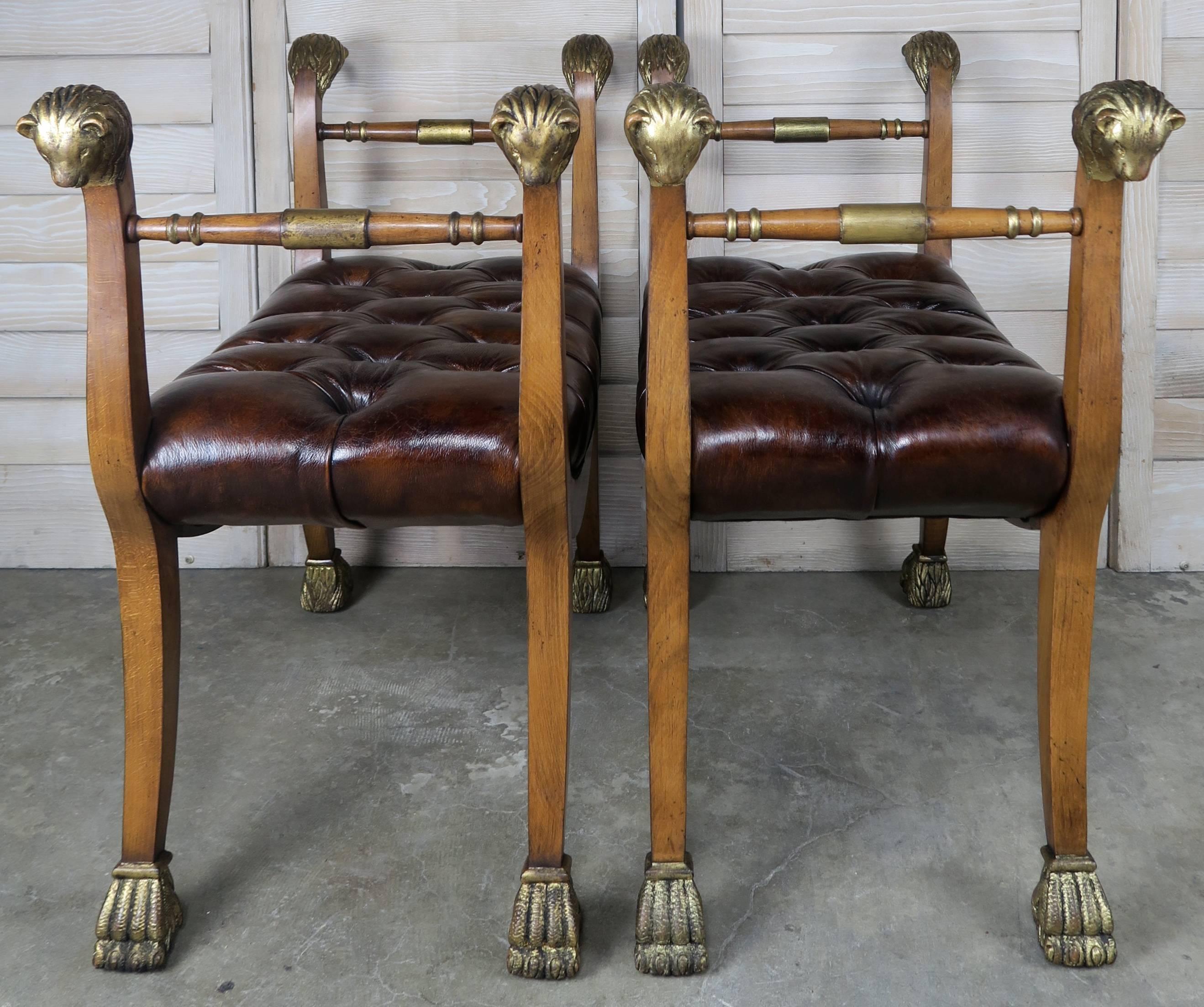 Directoire Pair of Gilded Lion Head Tufted Leather Benches