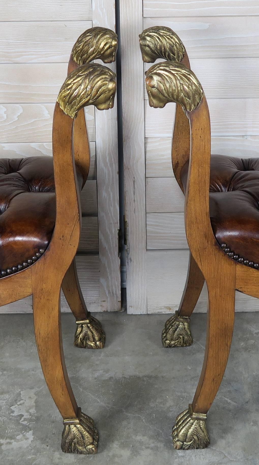 Unknown Pair of Gilded Lion Head Tufted Leather Benches