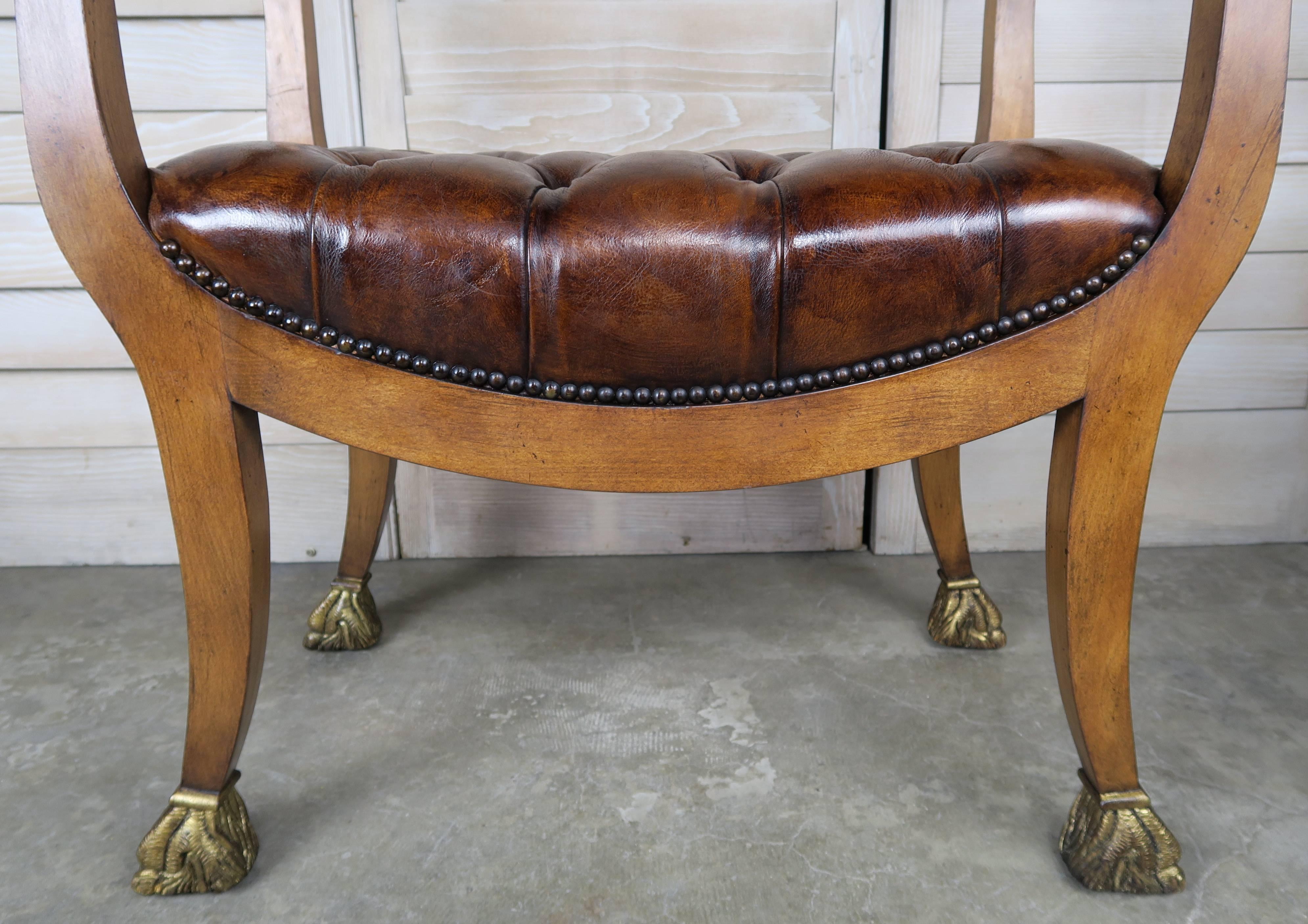 Pair of Gilded Lion Head Tufted Leather Benches In Excellent Condition In Los Angeles, CA