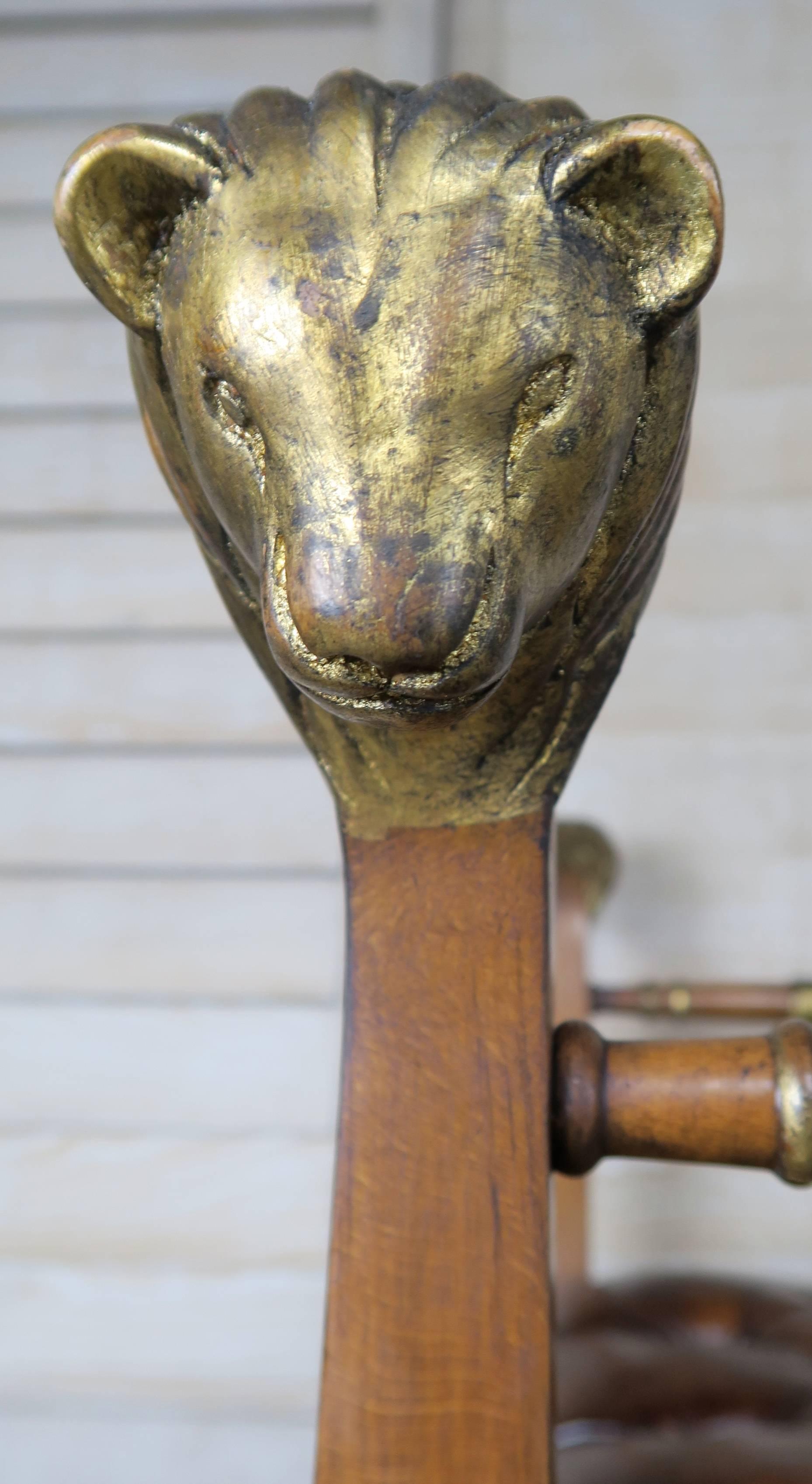 Pair of Gilded Lion Head Tufted Leather Benches 1
