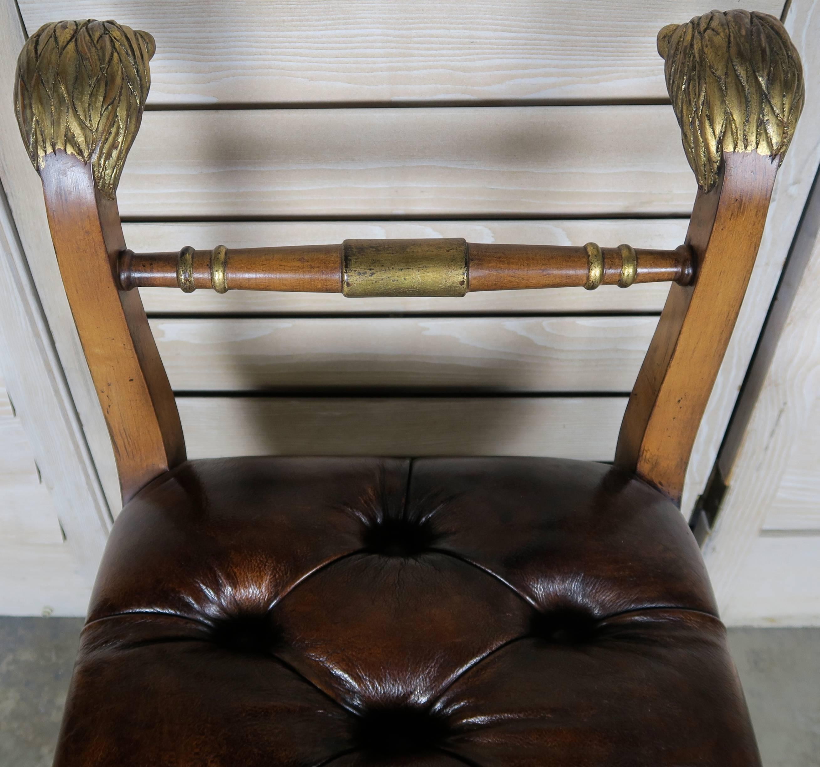 Pair of Gilded Lion Head Tufted Leather Benches 2