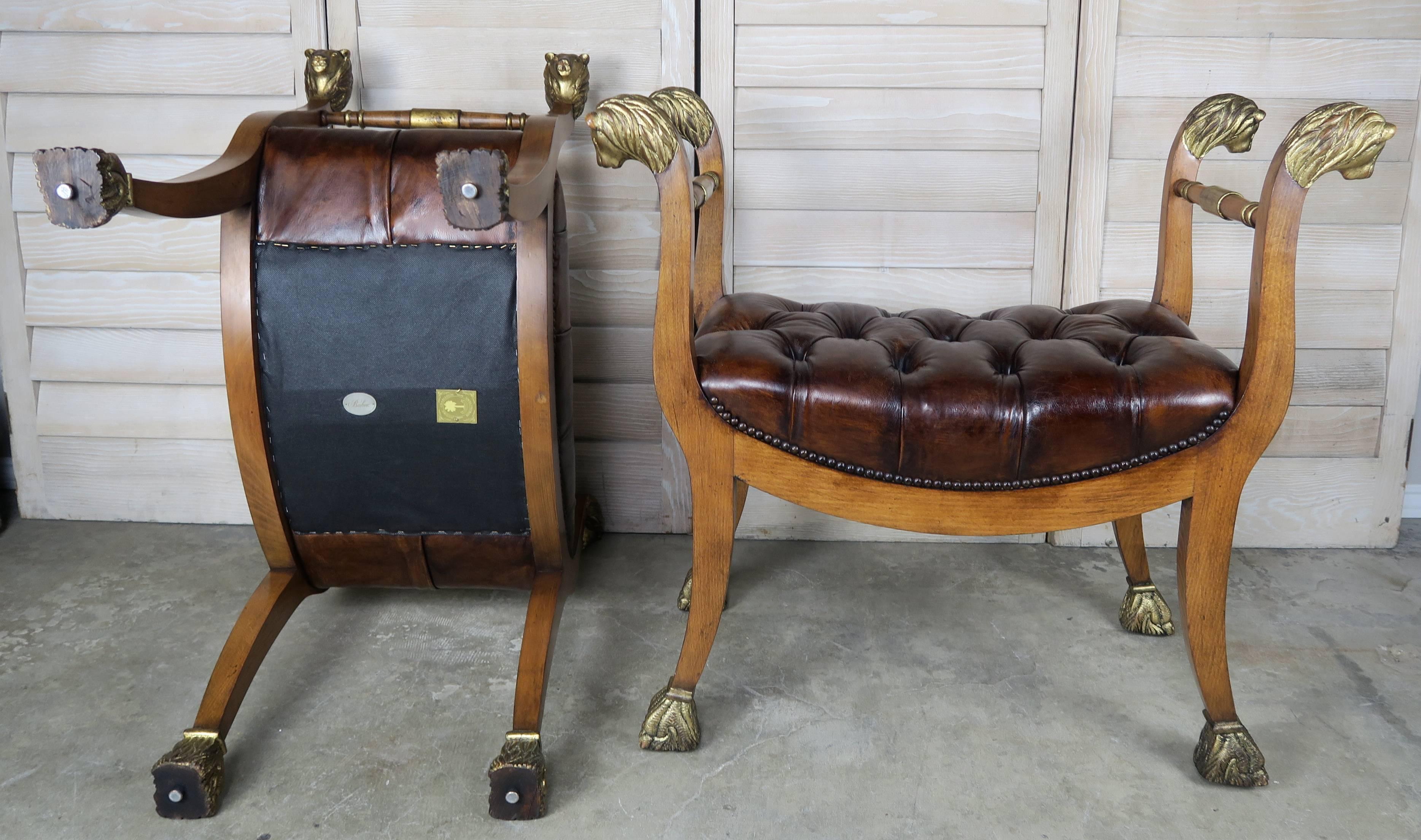 Pair of Gilded Lion Head Tufted Leather Benches 3