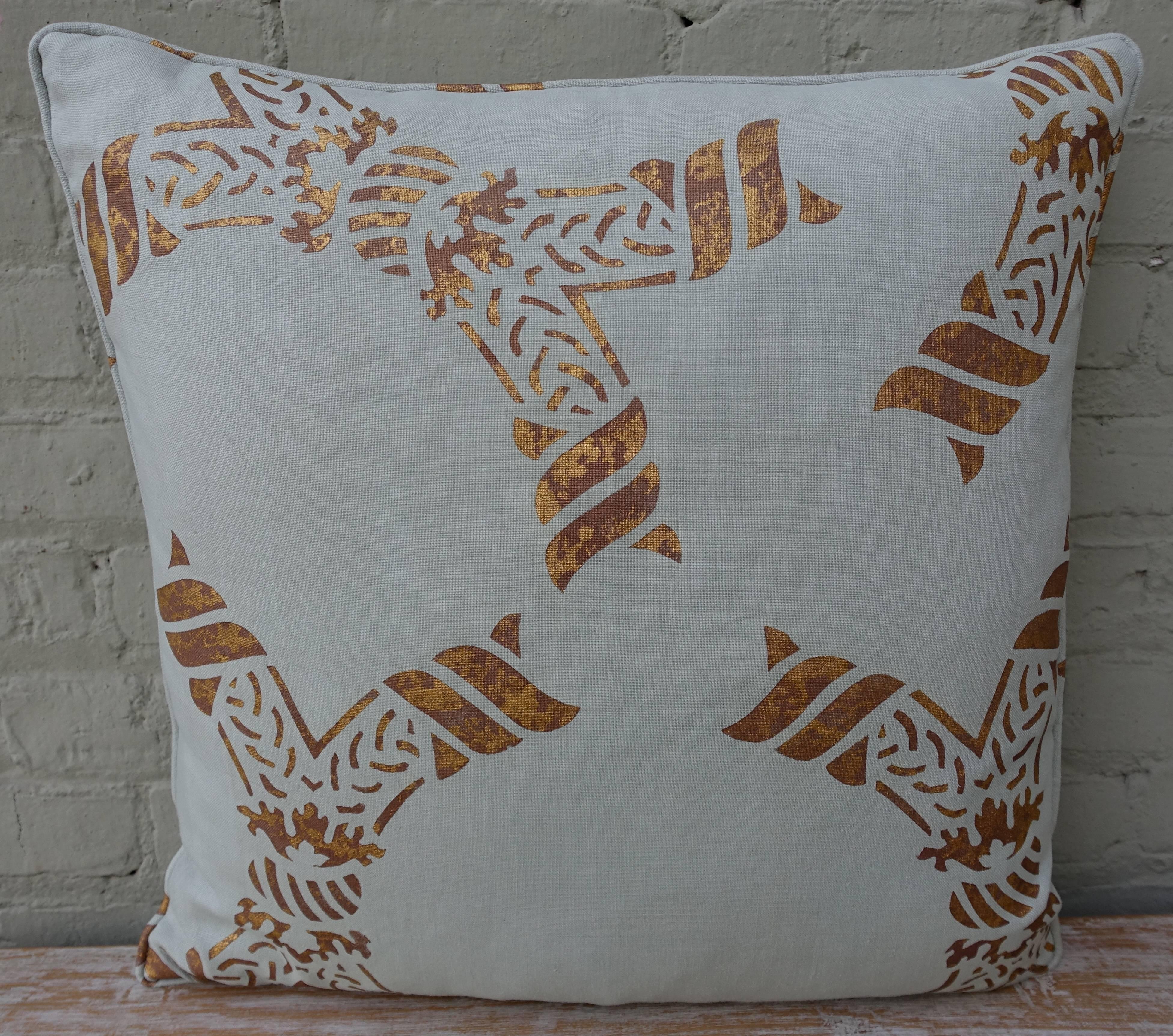 American Pair of Gold Stencilled Nomi Linen Pillows