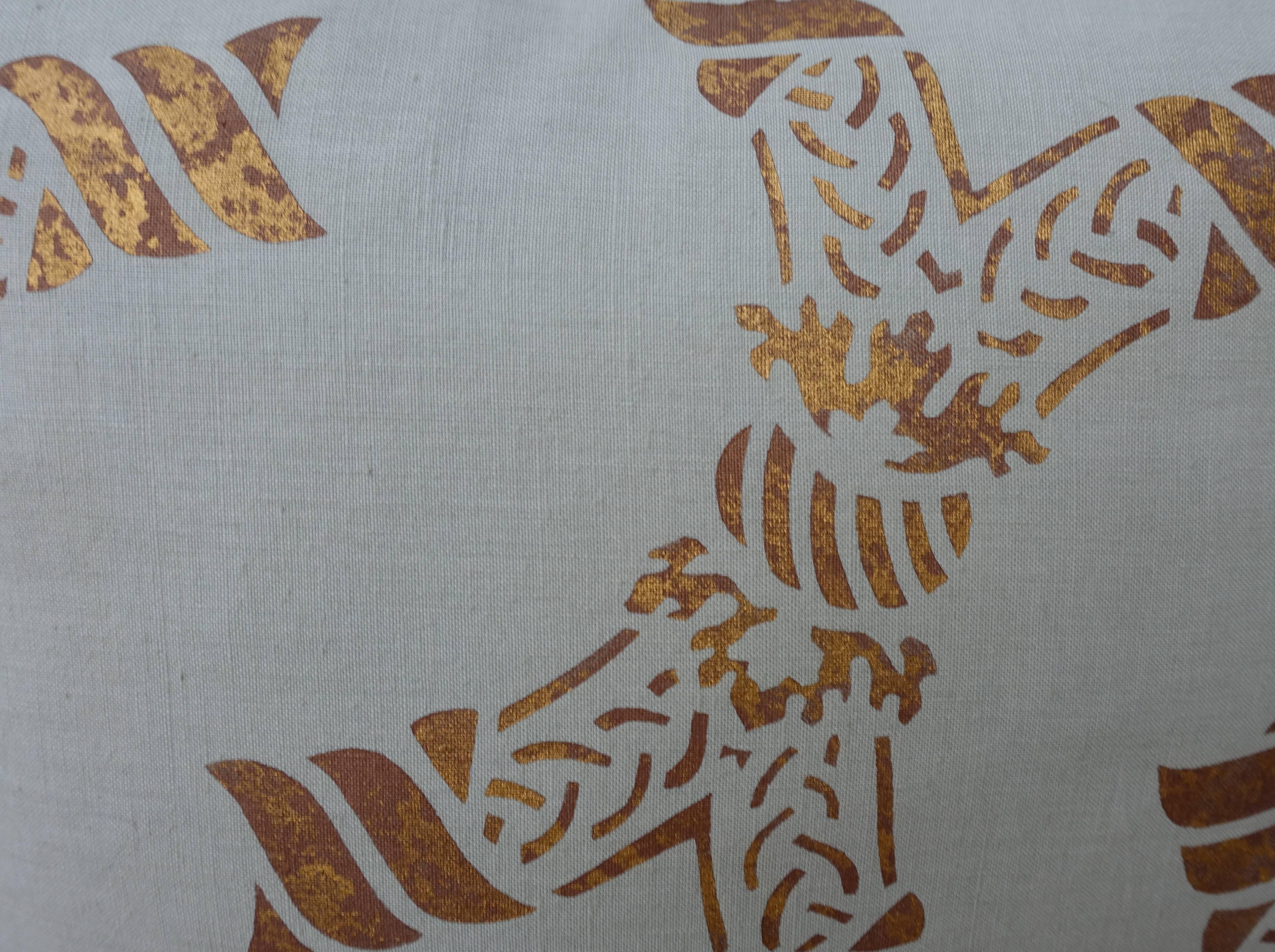 20th Century Pair of Gold Stencilled Nomi Linen Pillows