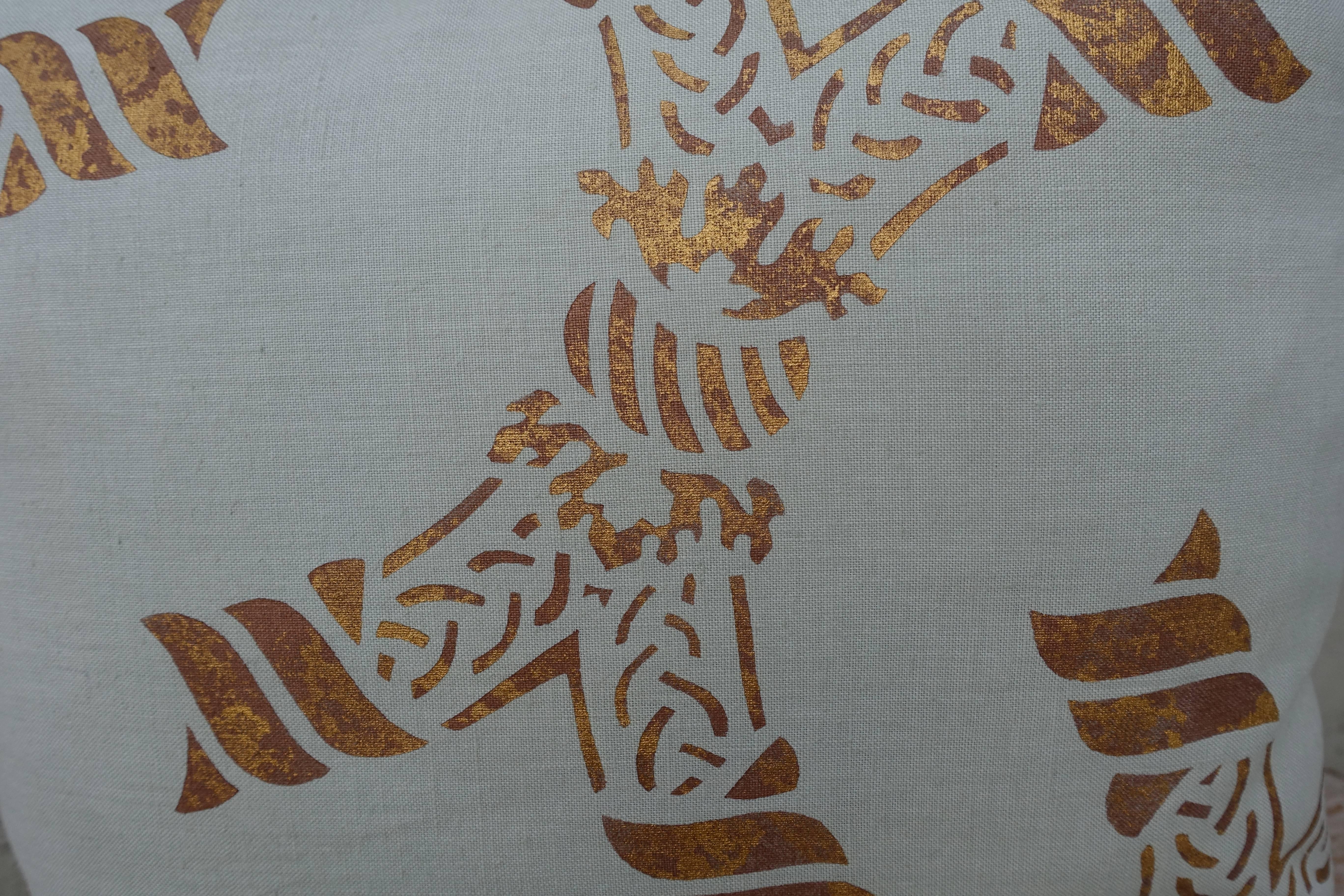 Pair of Gold Stencilled Nomi Linen Pillows 1