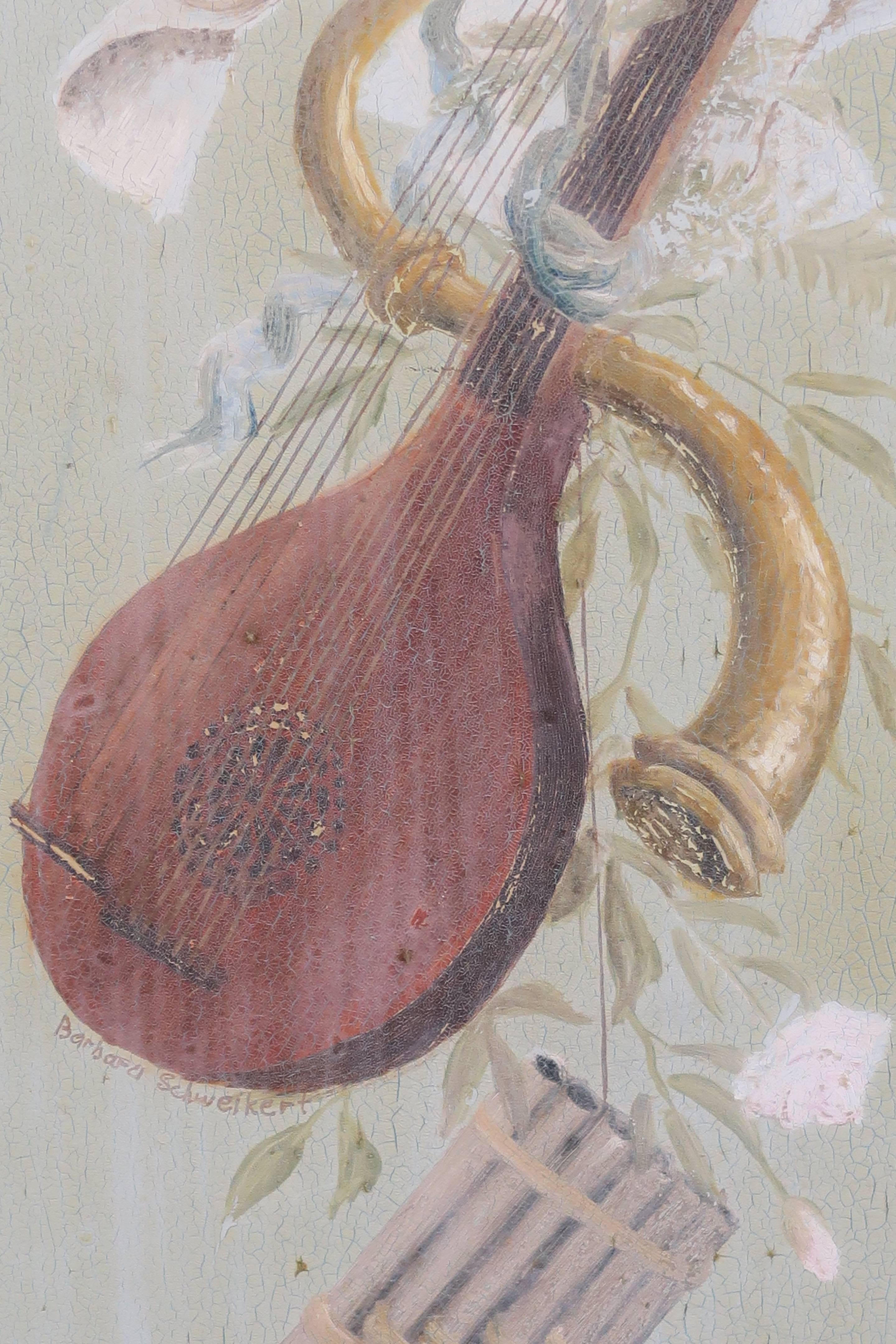 Wood French Hand-Painted Panels with Birds and Musical Instruments