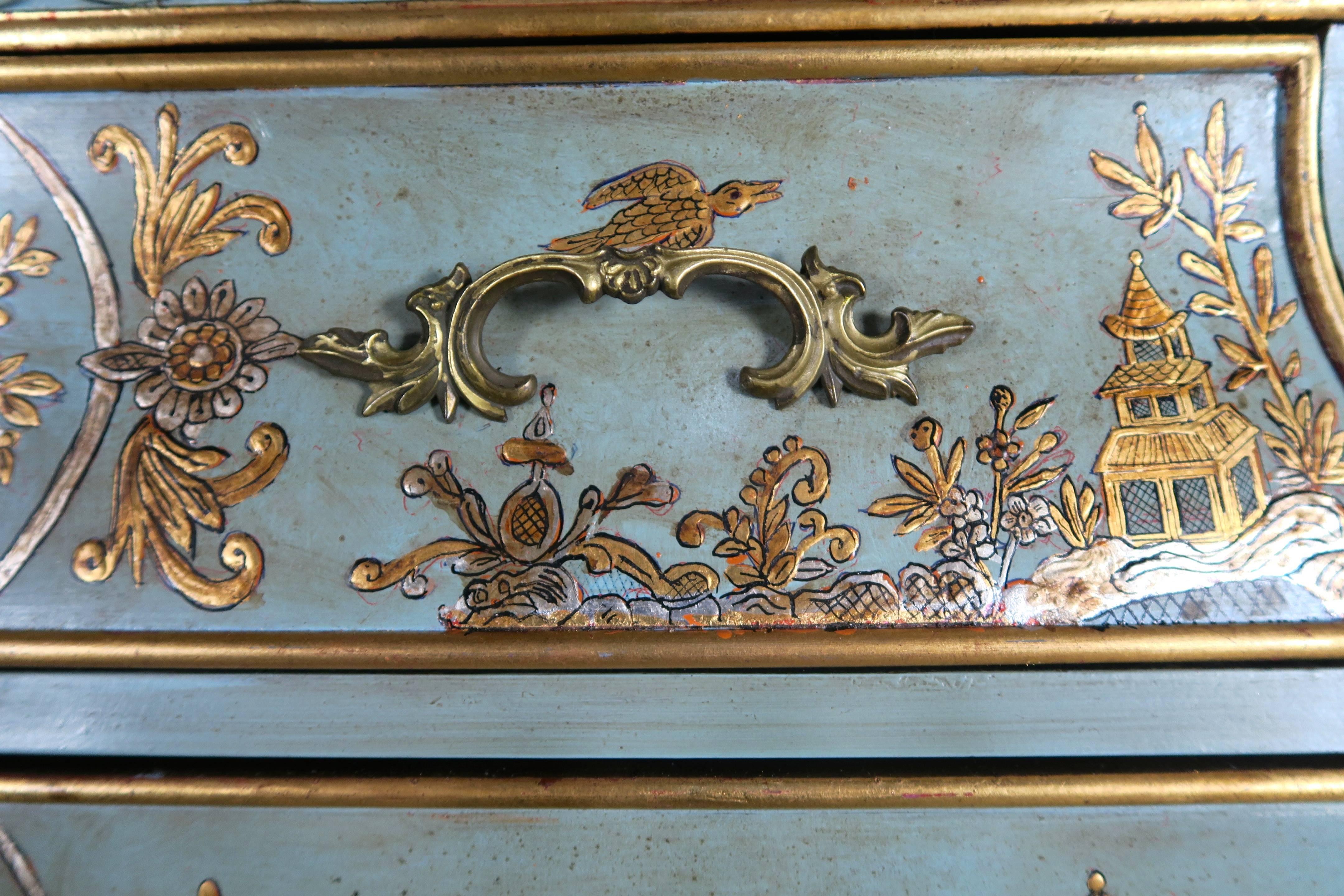 Hand-Painted Pair of French Painted Chinoiserie Bombay Shaped Chests with Three Drawers Each