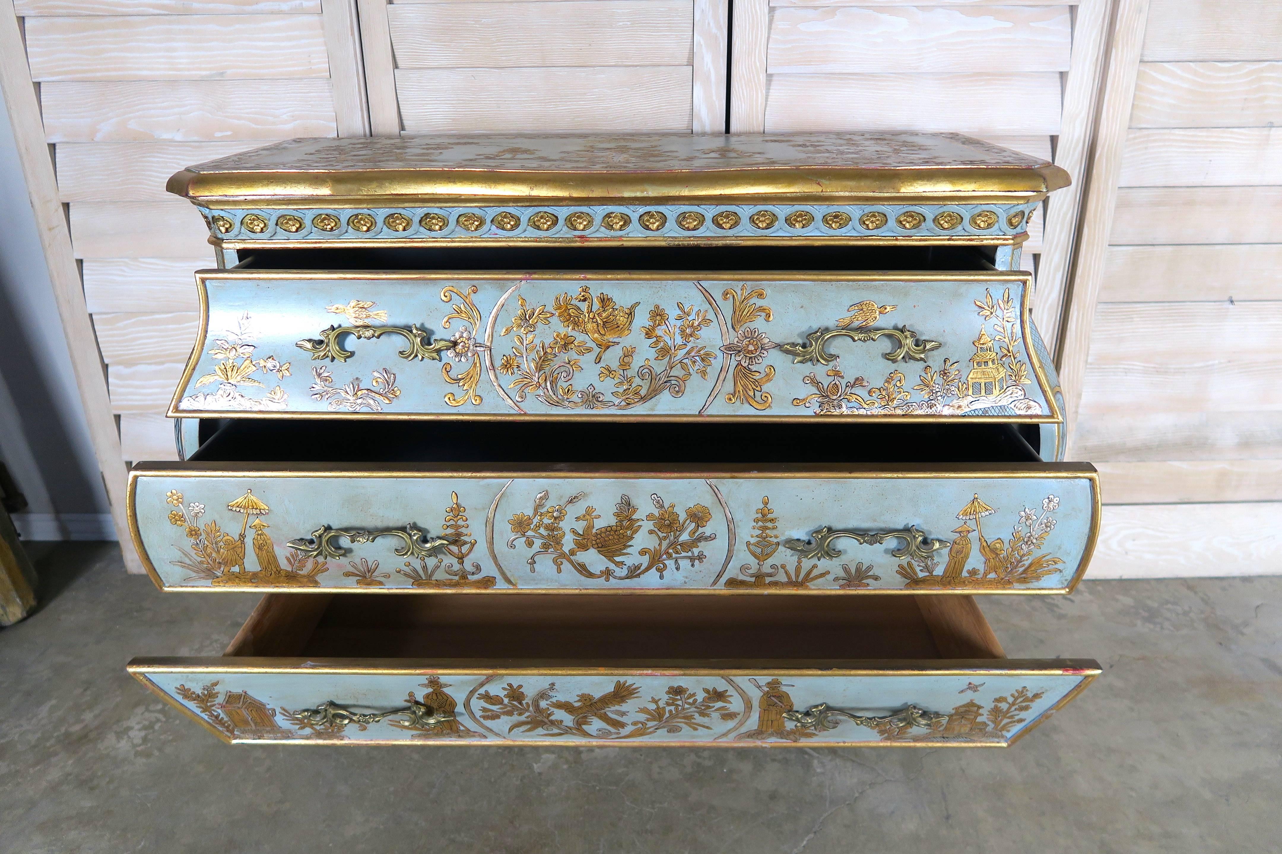 Pair of French Painted Chinoiserie Bombay Shaped Chests with Three Drawers Each 1