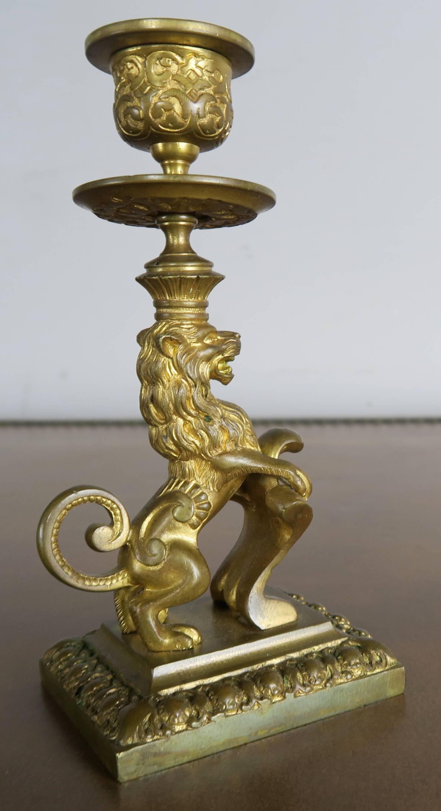 Pair of 19th Century Bronze Lions with Shields 1