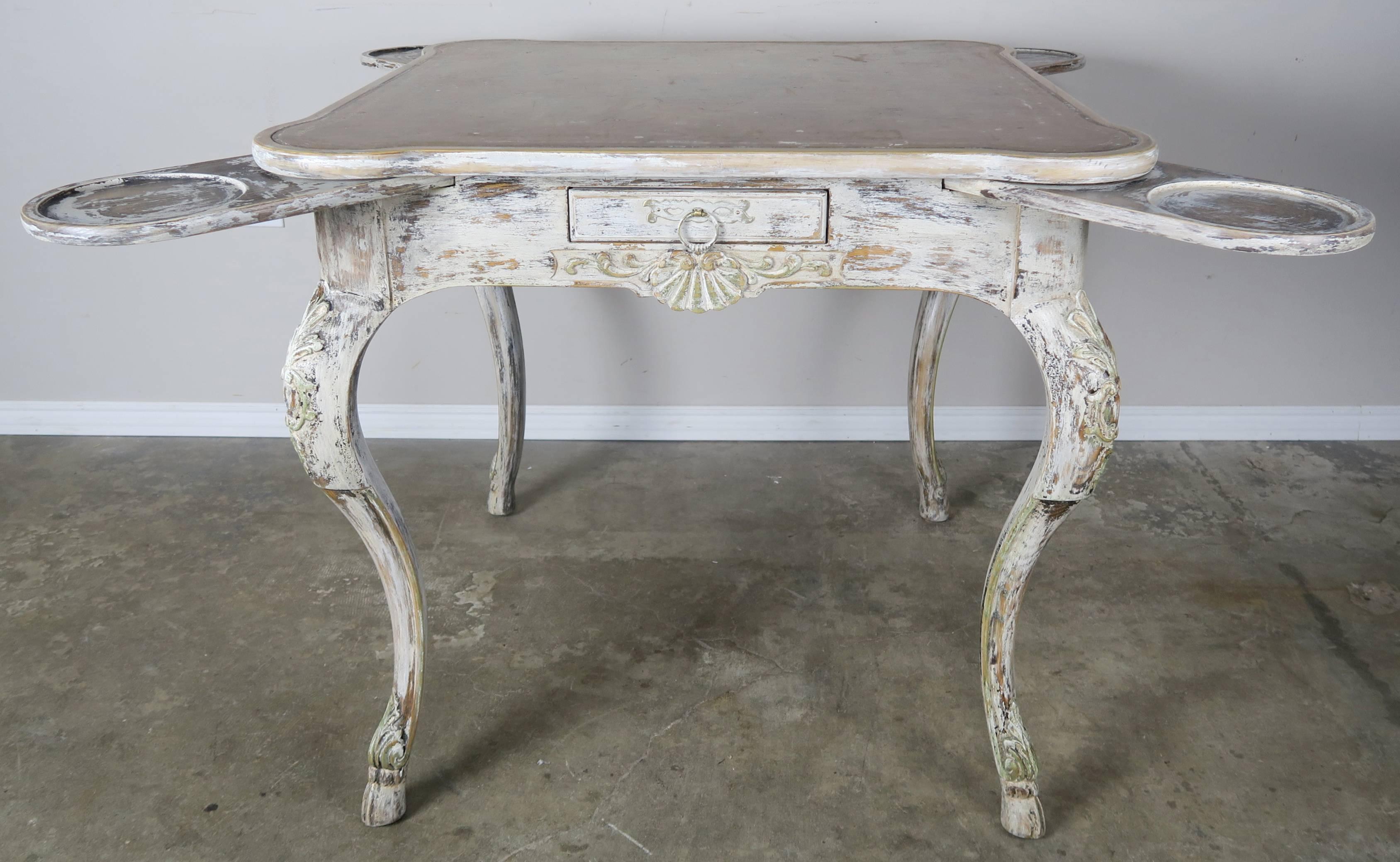 Carved French Painted Leather Top Game Table, circa 1900s