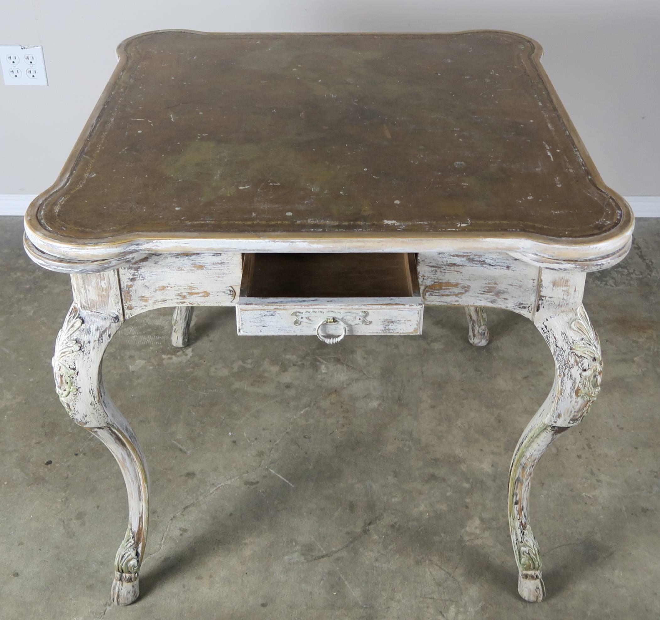 Early 20th Century French Painted Leather Top Game Table, circa 1900s