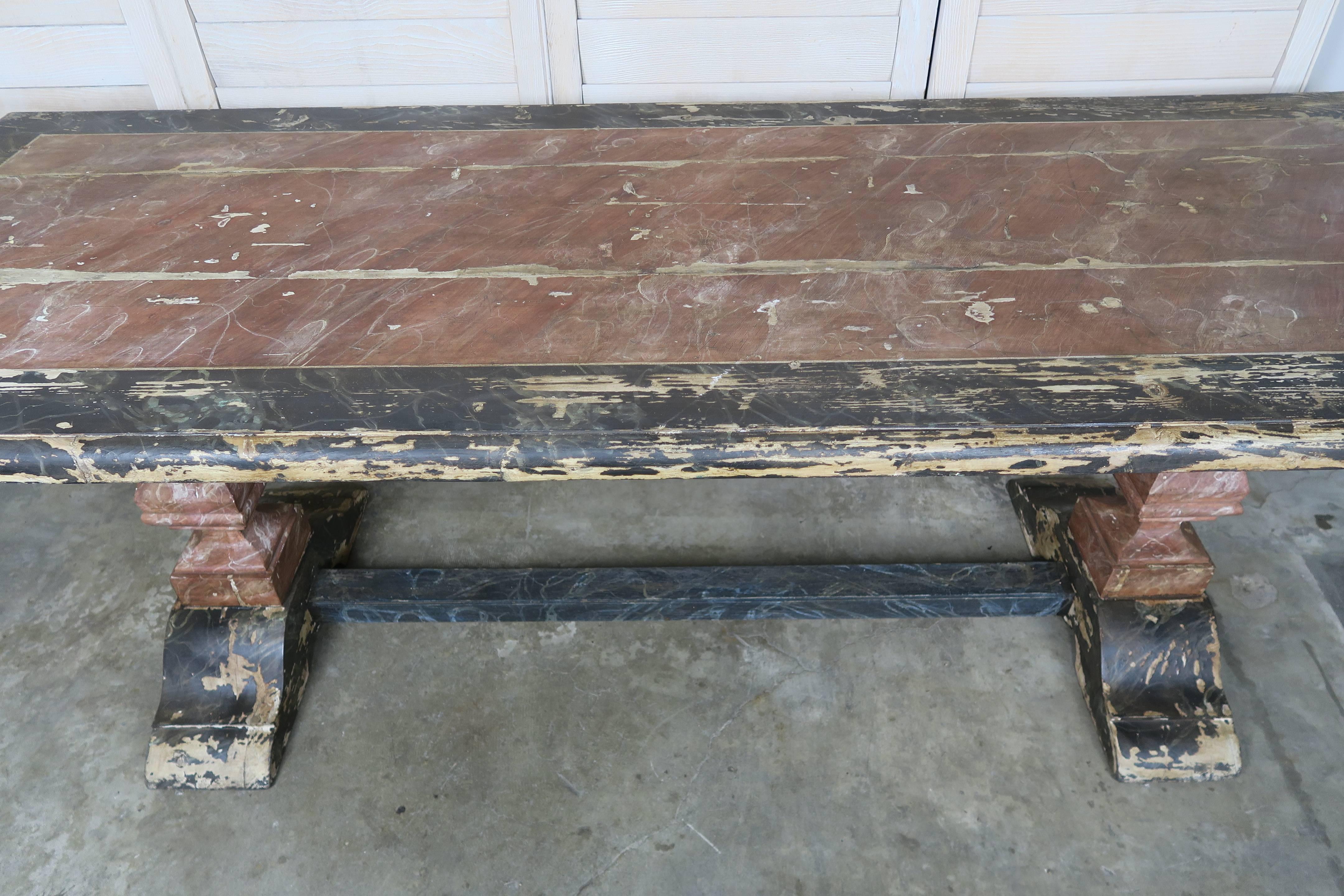 19th Century Italian Painted Trestle Table  In Distressed Condition In Los Angeles, CA