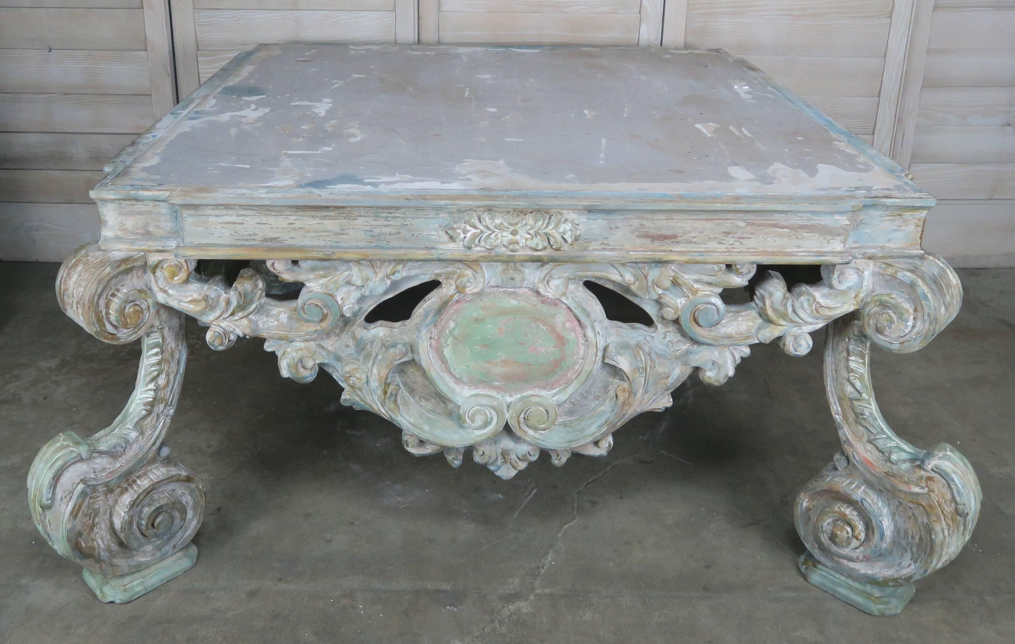 French Carved Louis XV Style Coffee Table  In Distressed Condition In Los Angeles, CA
