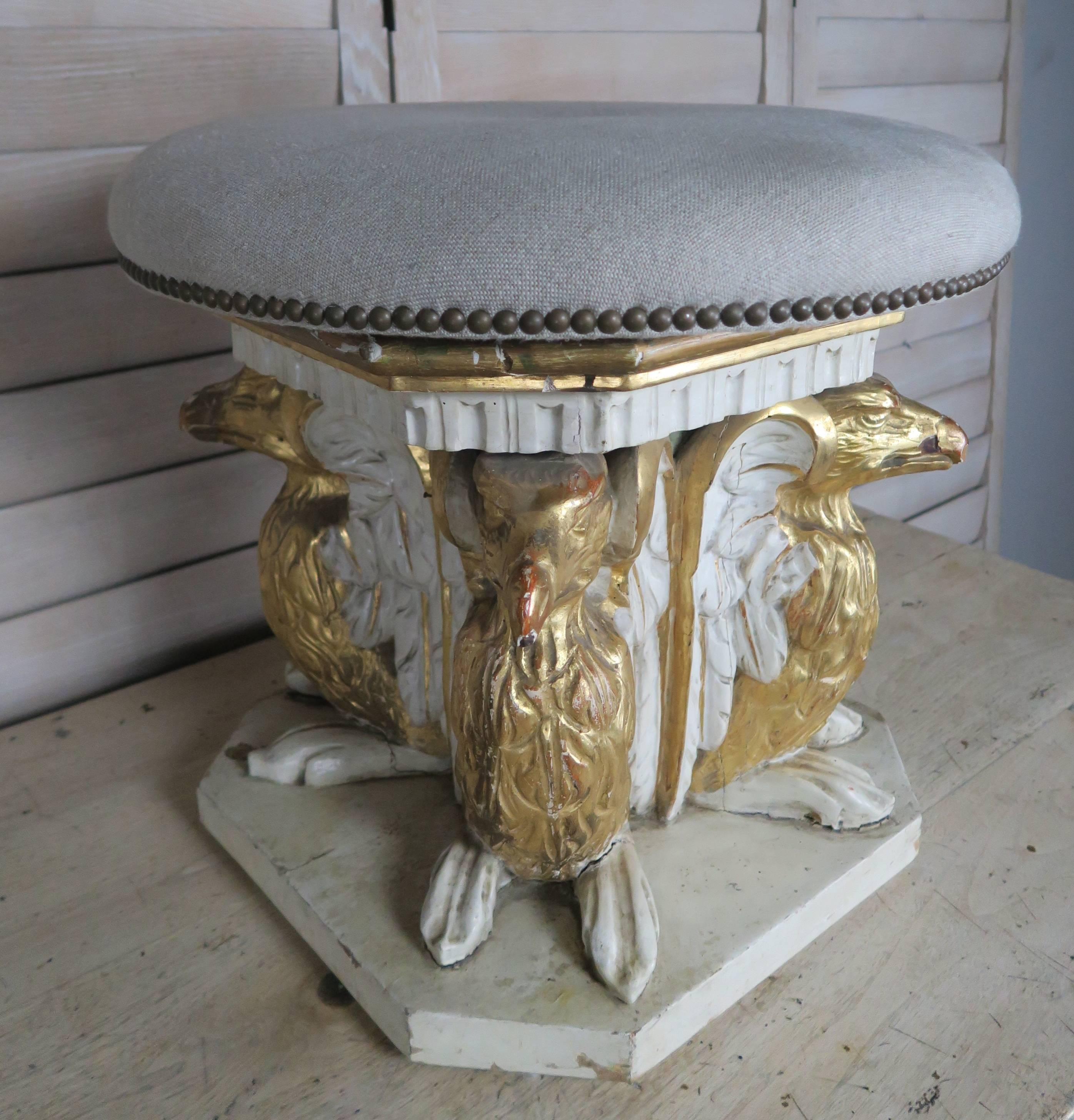 Regency Italian Carved Griffin Painted and Parcel-Gilt Stools, Pair