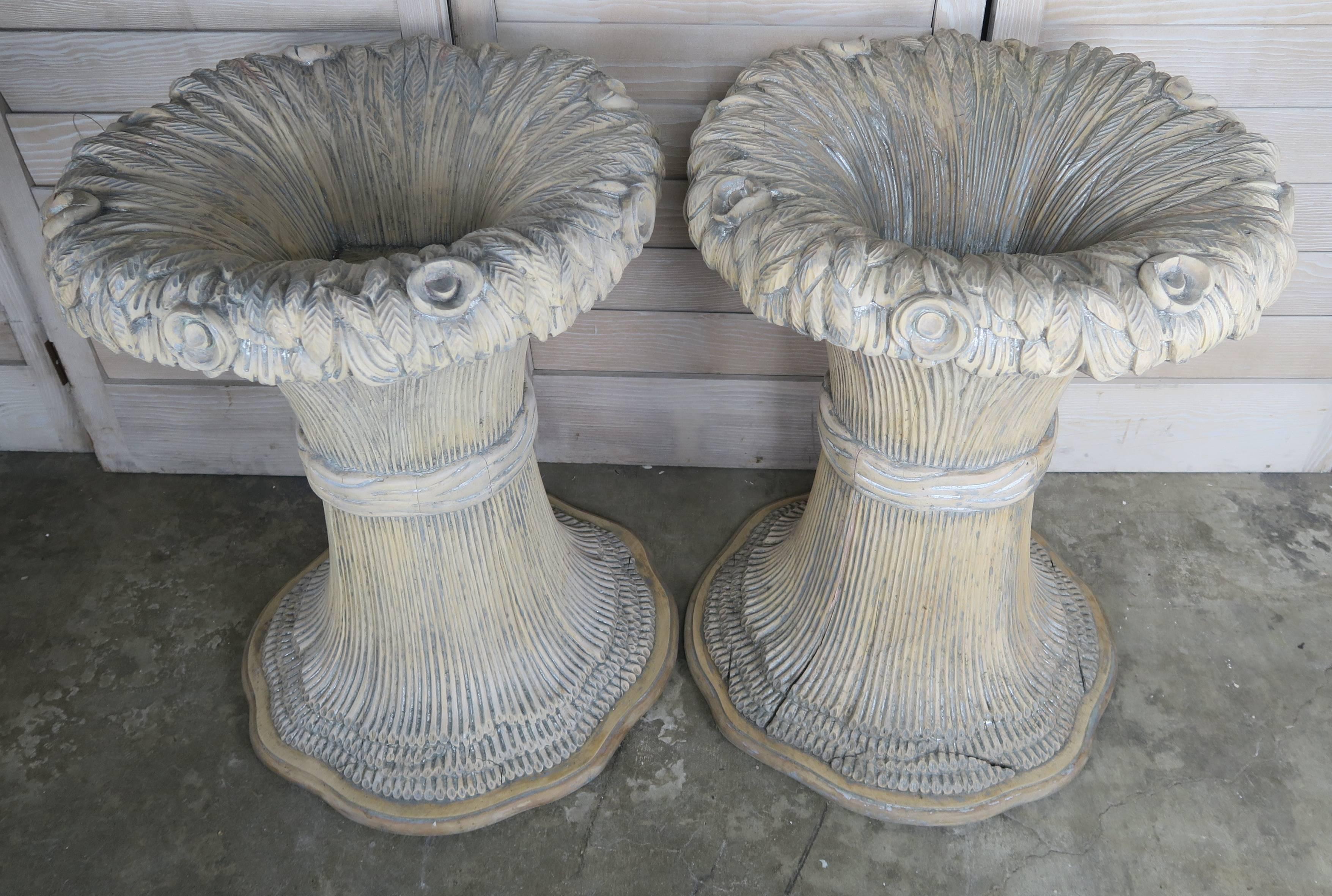 French Carved Wood Harvest Wheat Planters, Pair
