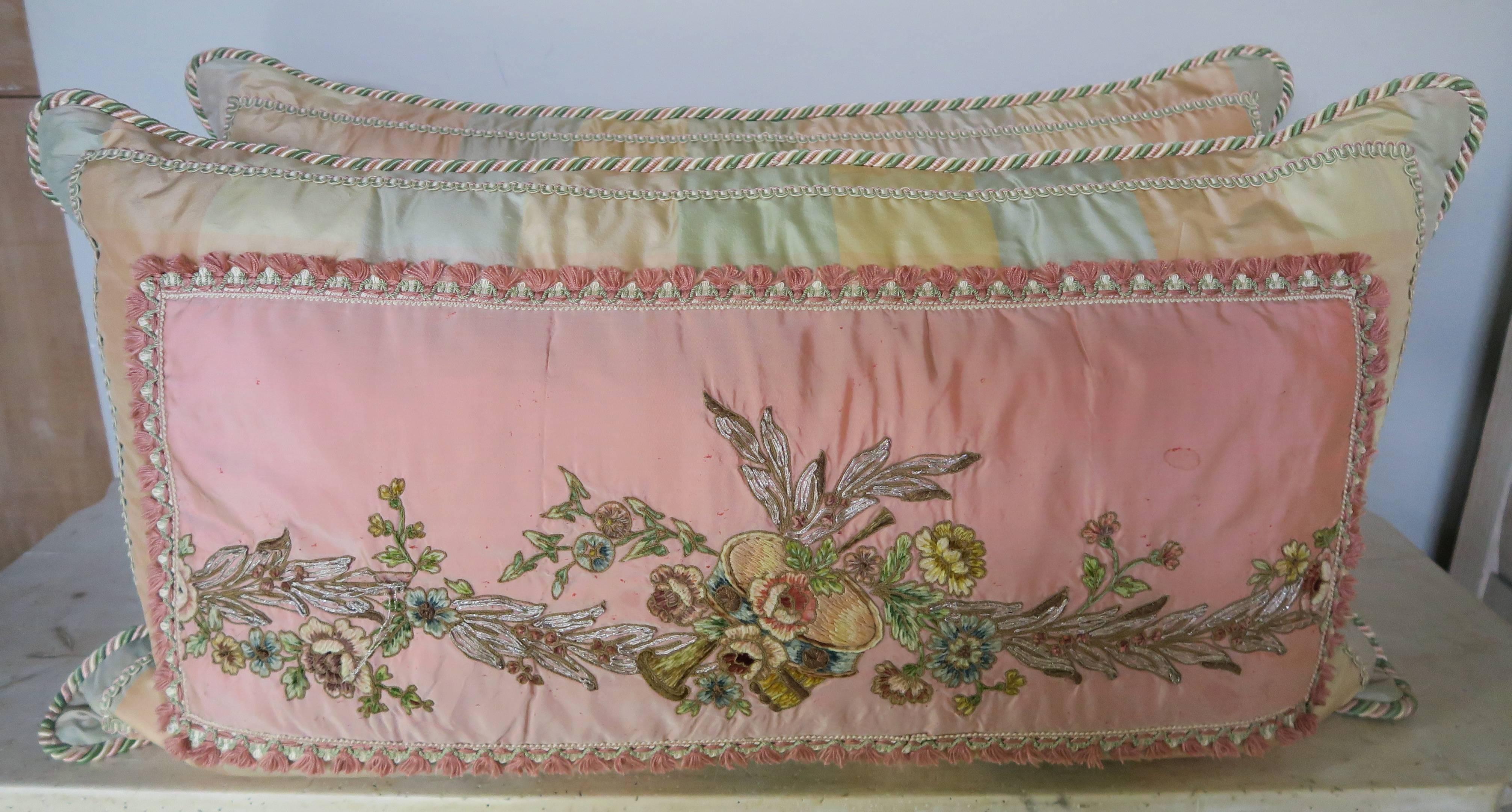 19th Century Pair of Antique Metallic and Chenille Embroidered Pillows