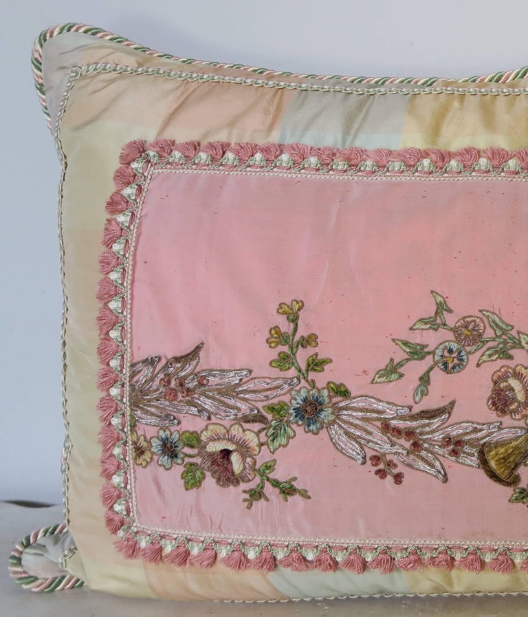 Pair Of Antique Metallic And Chenille Embroidered Pillows For Sale