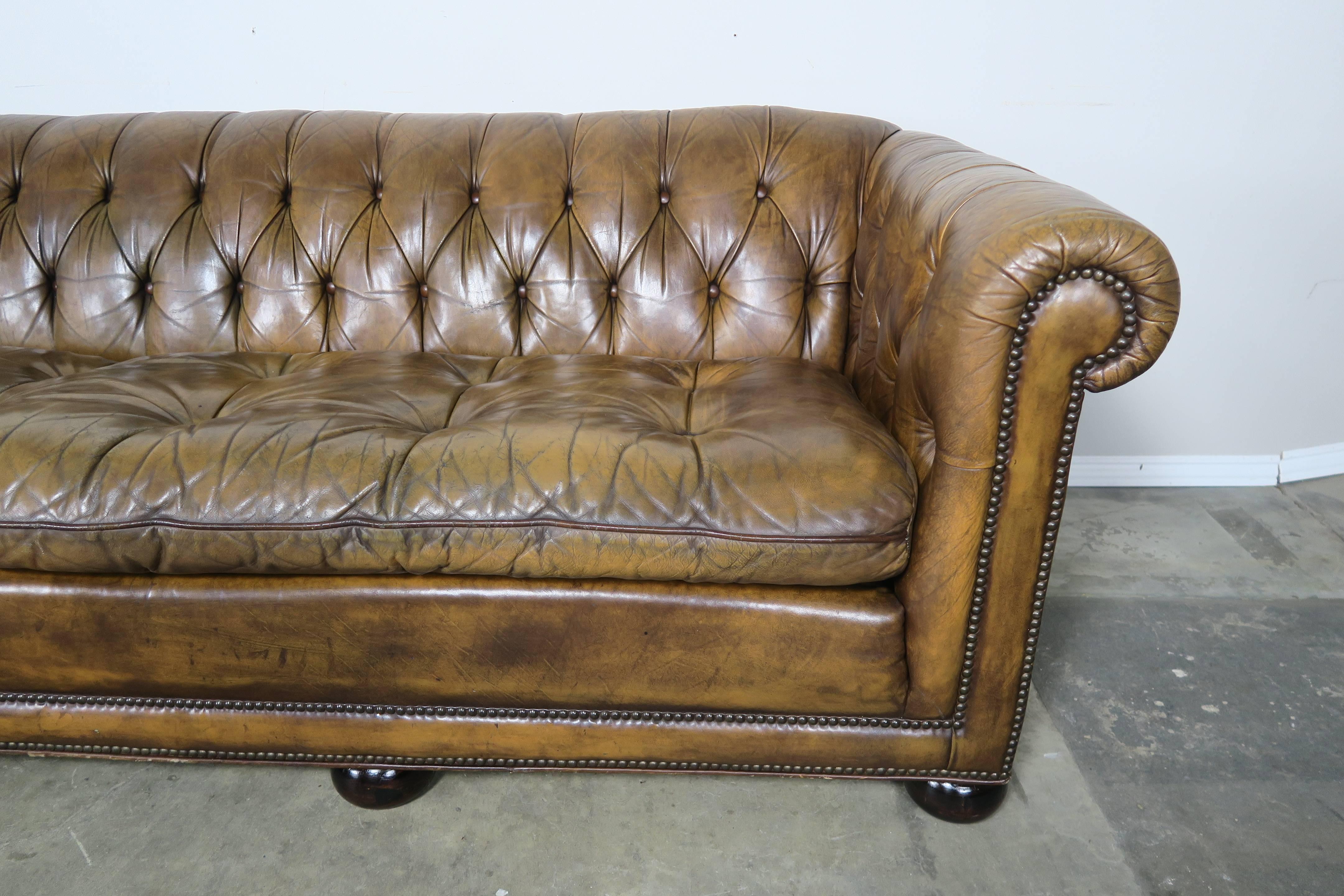 English Tufted Leather Chesterfield Style Sofa, 1930s In Distressed Condition In Los Angeles, CA