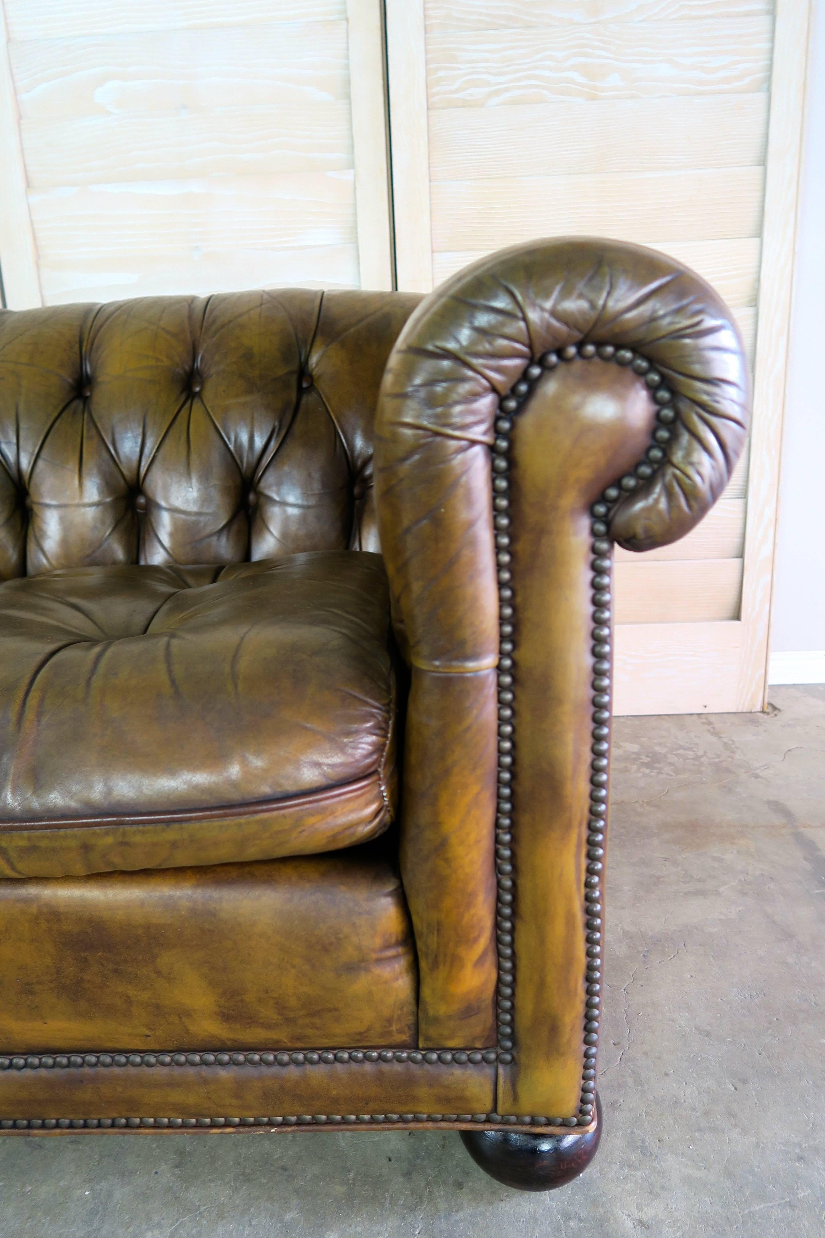 Brass English Tufted Leather Chesterfield Style Sofa, 1930s