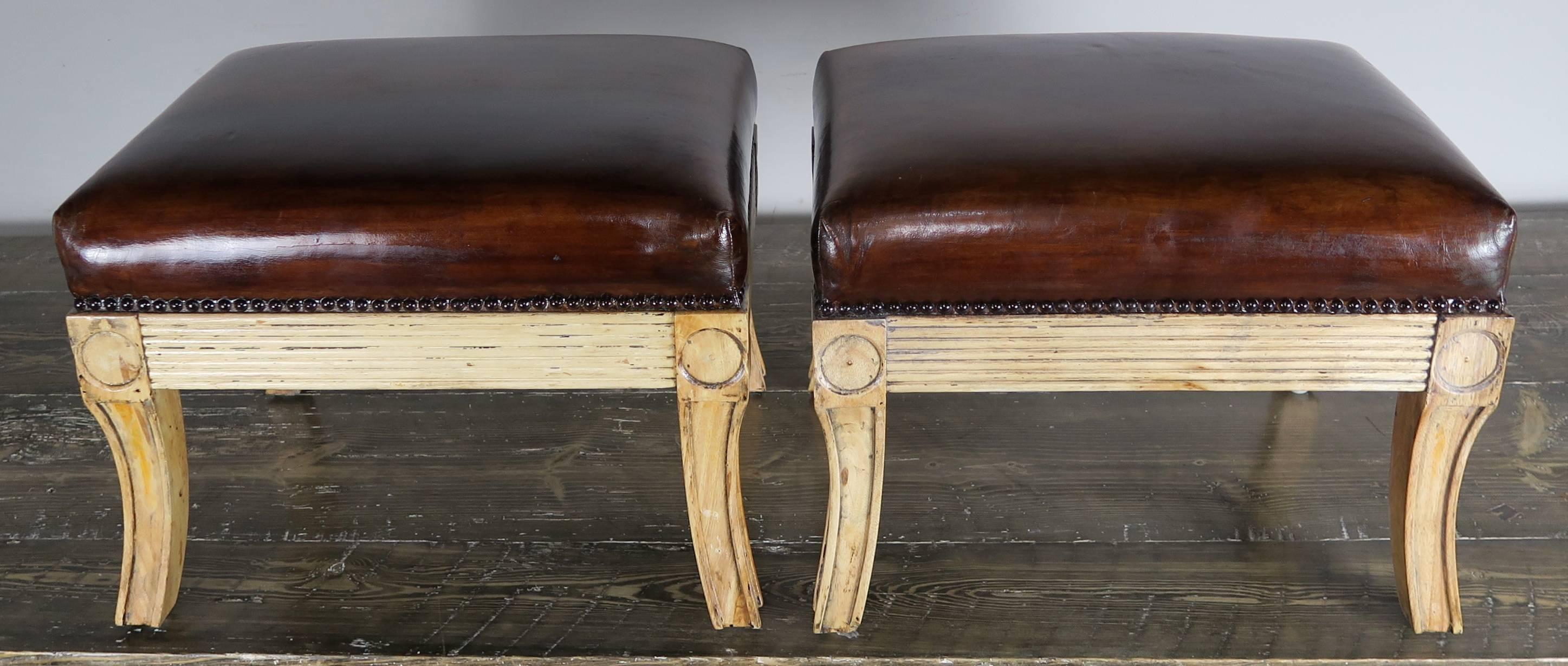 Pair of Italian Leather Upholstered Benches In Distressed Condition In Los Angeles, CA