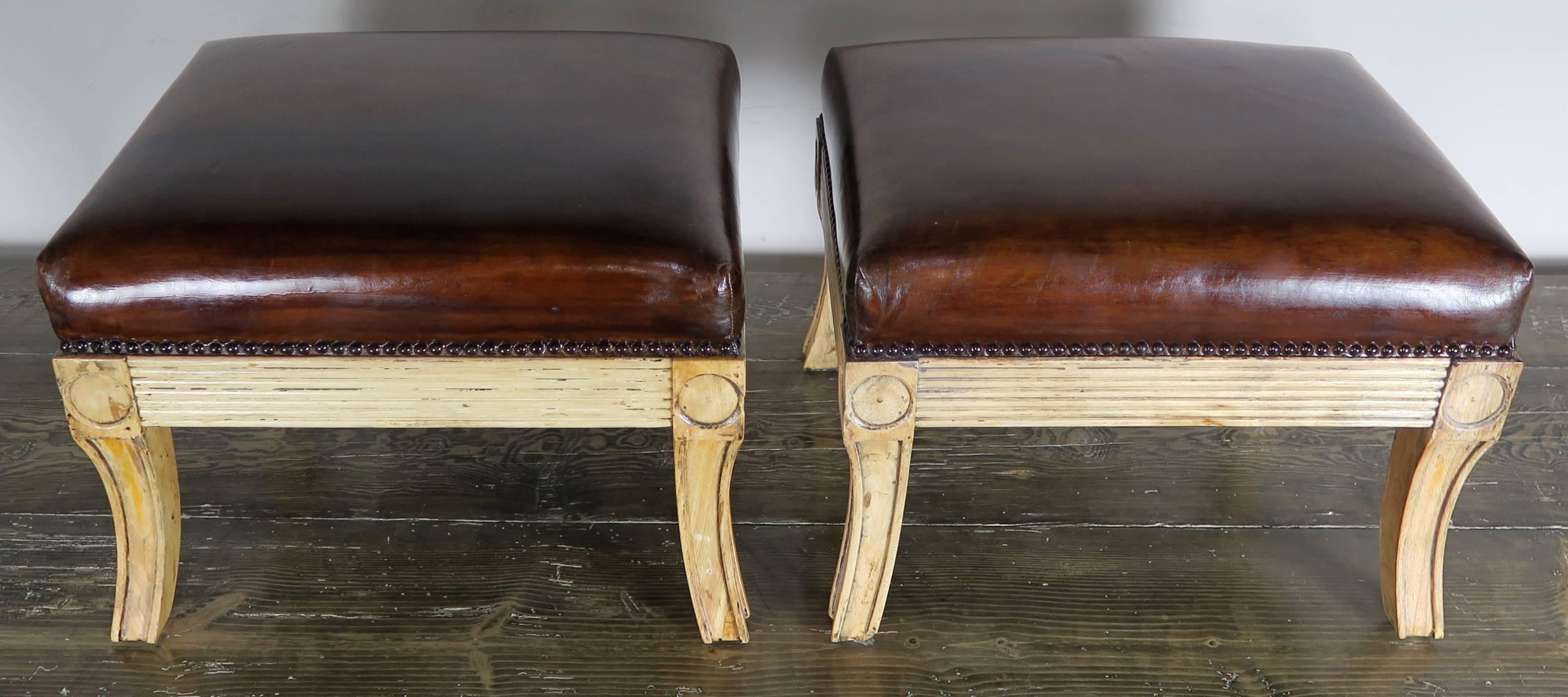 Mid-20th Century Pair of Italian Leather Upholstered Benches