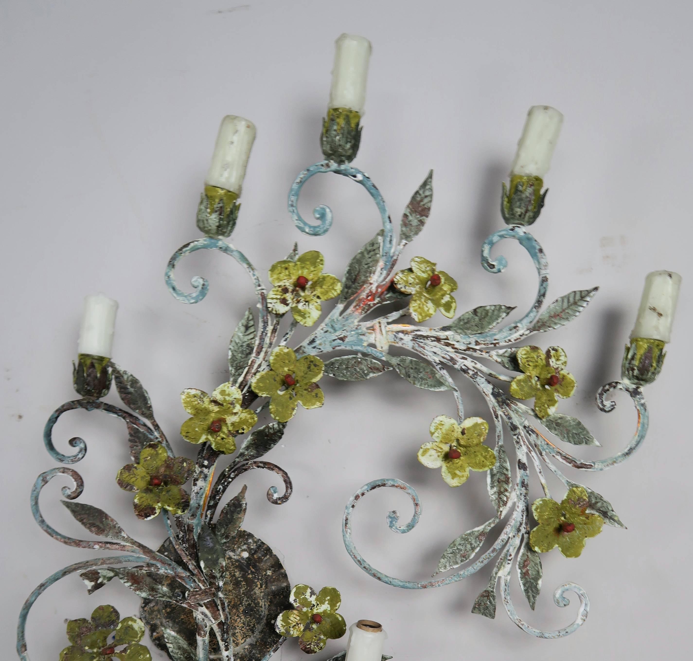 French Painted Wrought Iron Garland Sconces, Pair In Distressed Condition In Los Angeles, CA