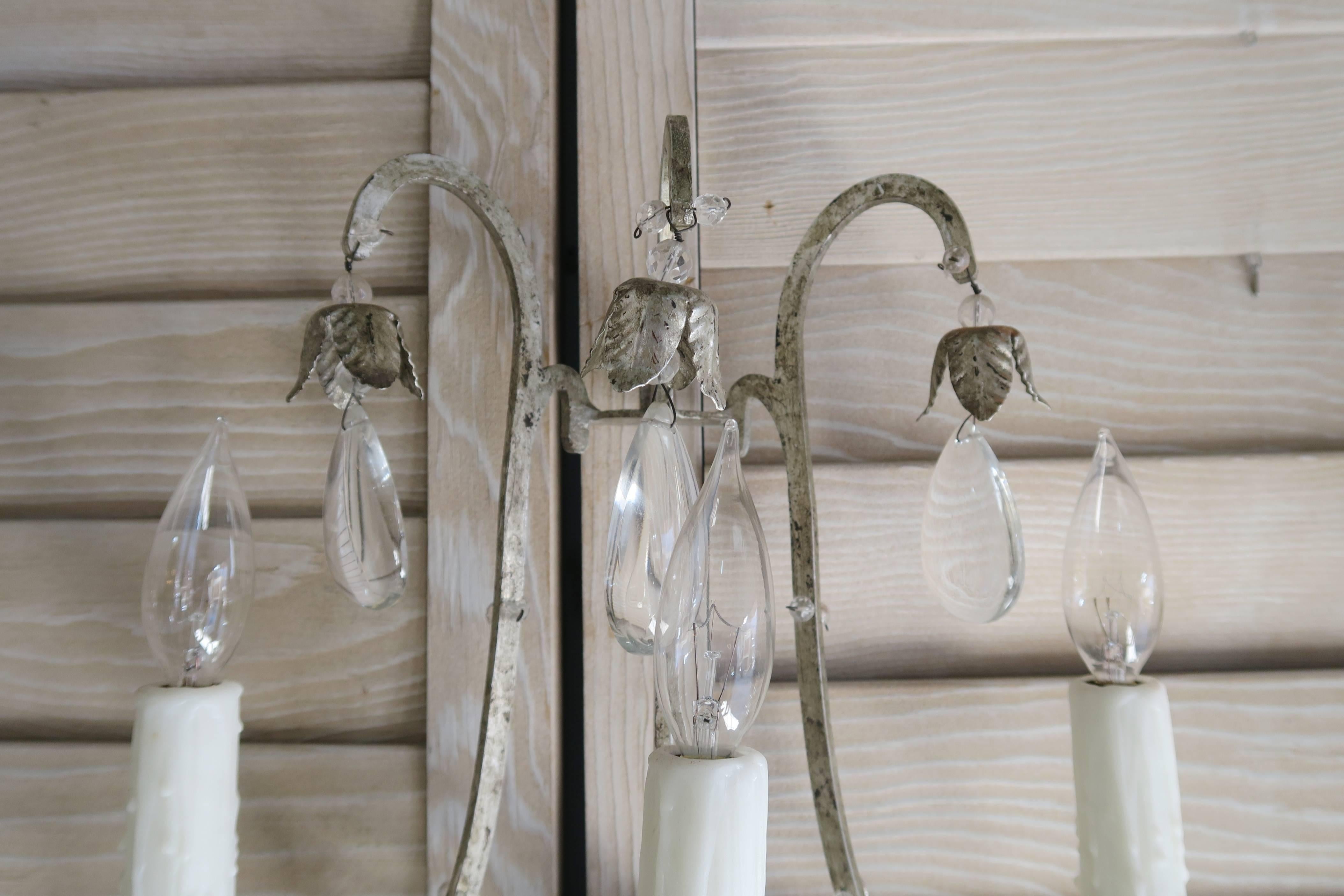 Silvered Three-Light Crystal Sconces, Pair In Distressed Condition In Los Angeles, CA