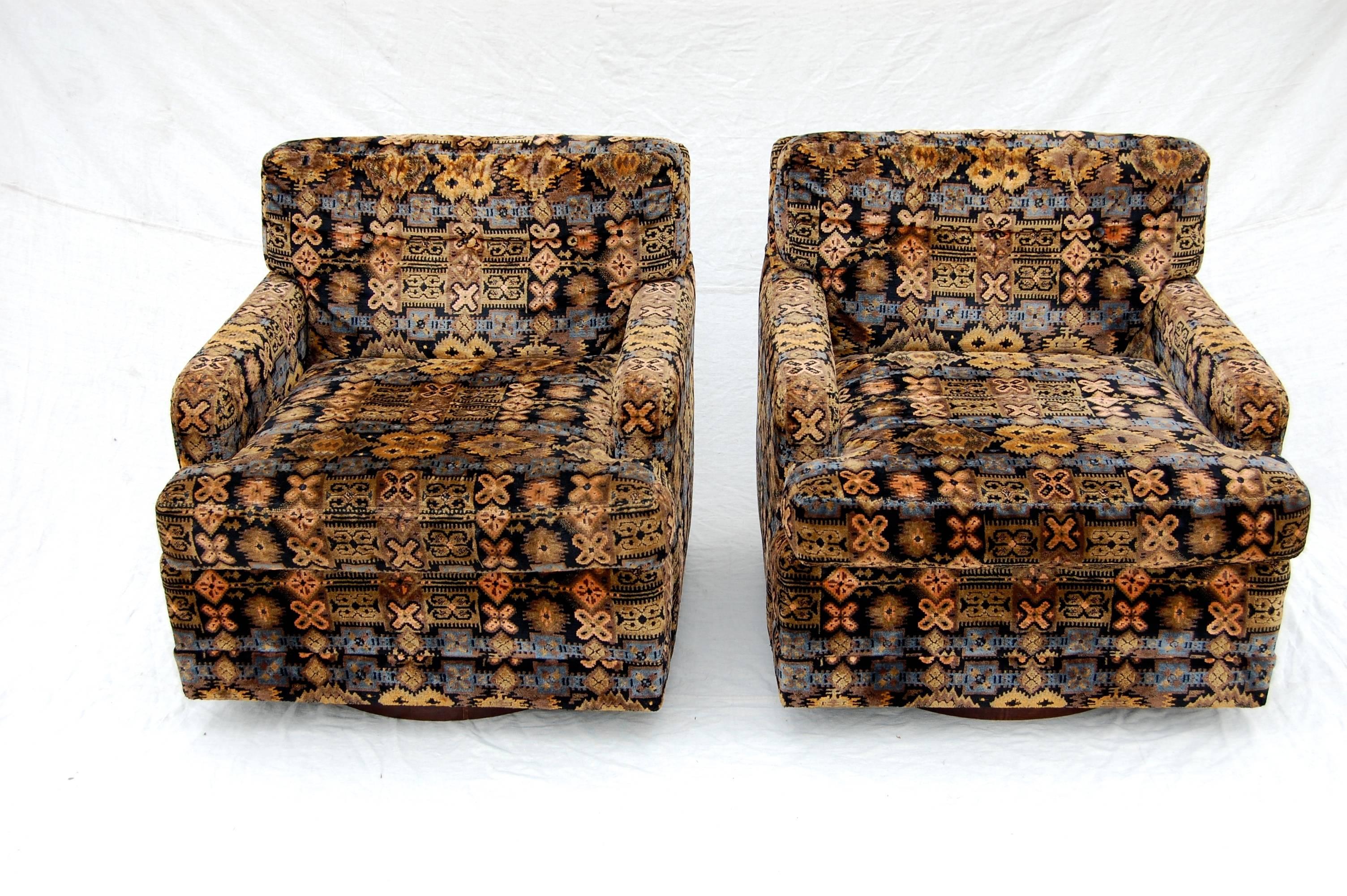 Great pair of large swivel square Harvey Probber style lounge chairs with the original fabric! Purchased in 1969, very clean, near perfect condition, fabric and foam near mint!