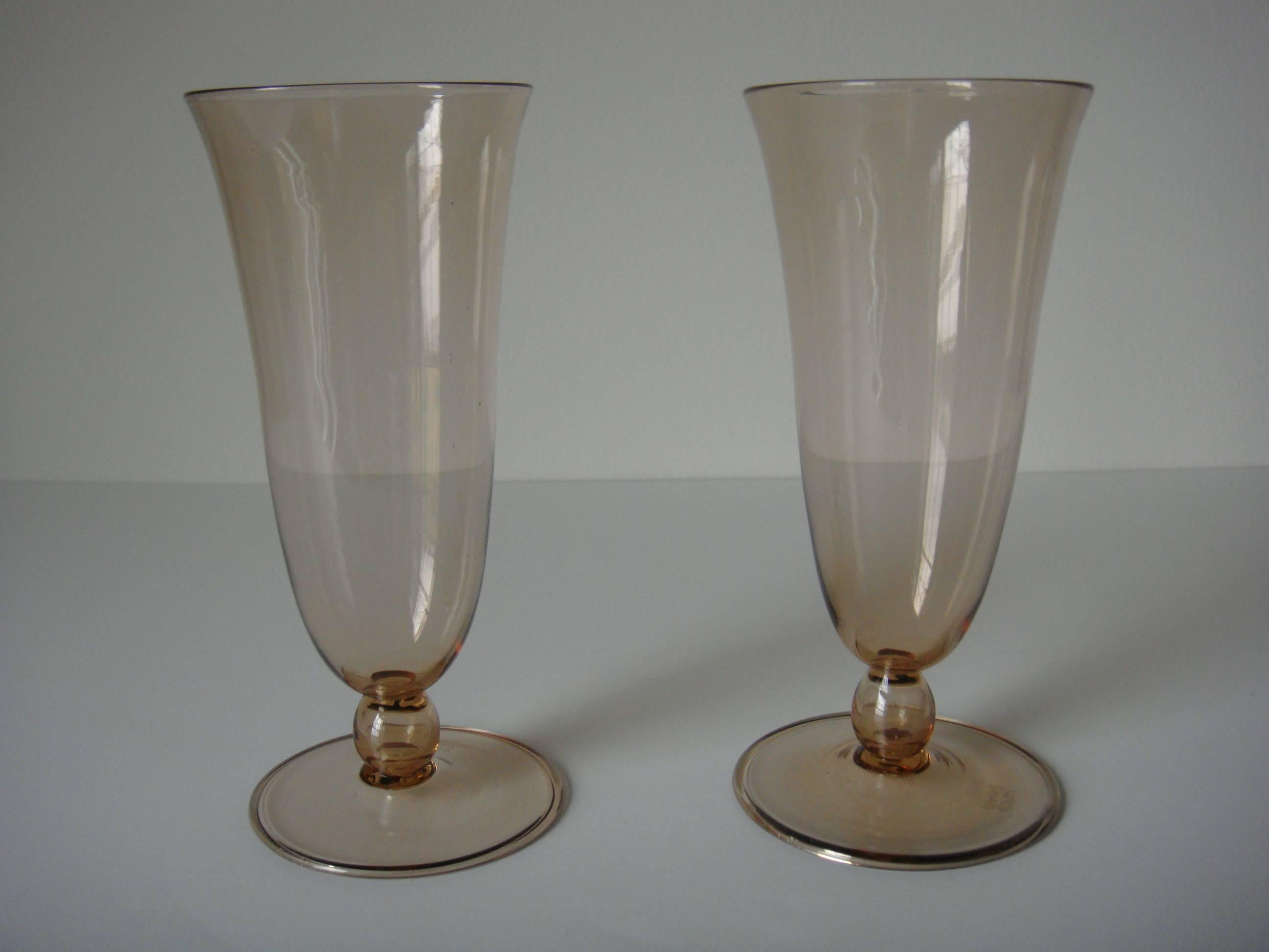 Matched pair of Vittorio Zecchin MVM Cappellin Murano vases, circa 1927. Elegant and minimal design by Zecchin with hollow stem, feather weight and fully signed acid etched mark! Perfect condition!