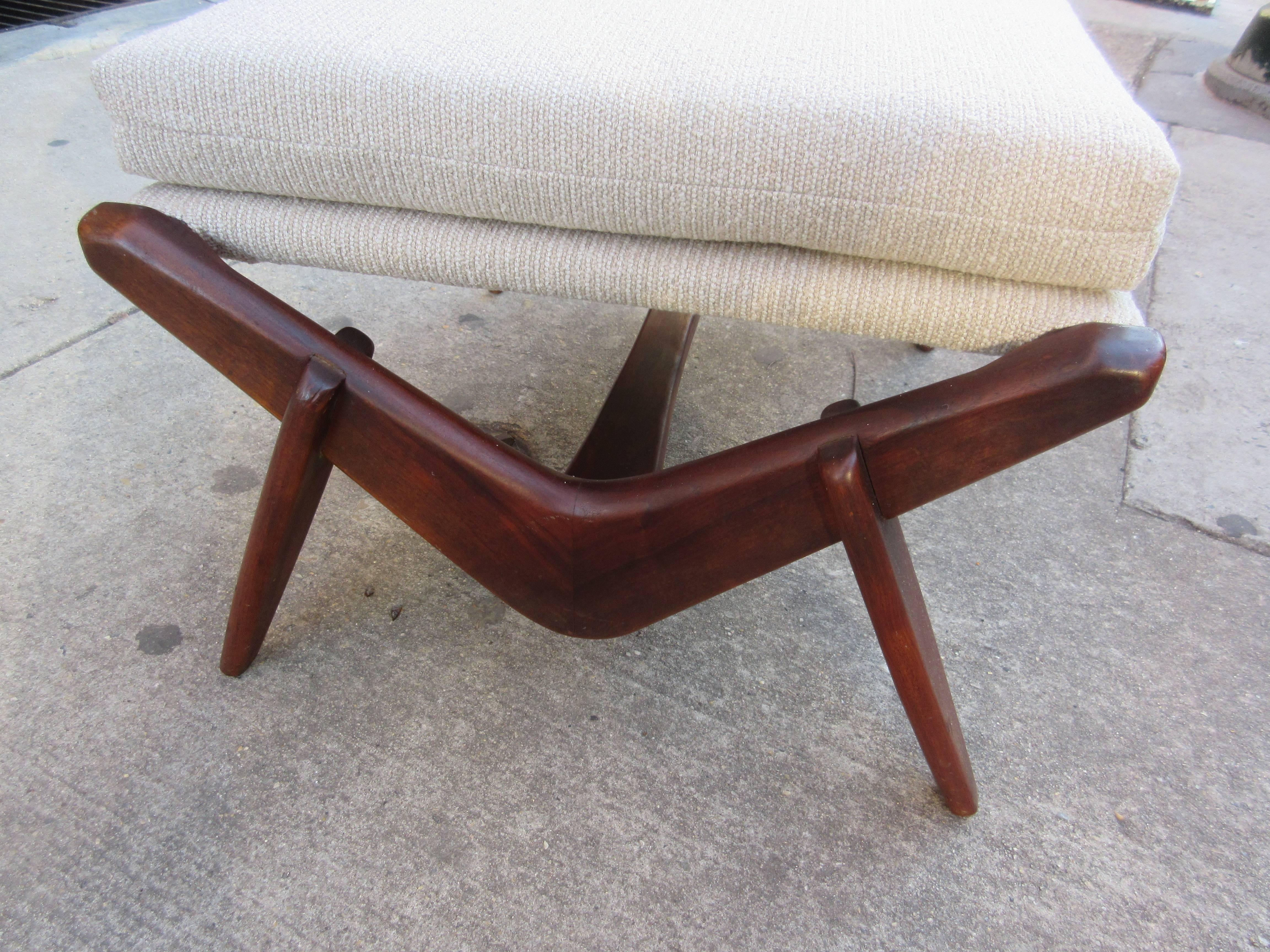 Solid walnut stool or ottoman with newly redone straps and fabric. Danish? Swedish? American?