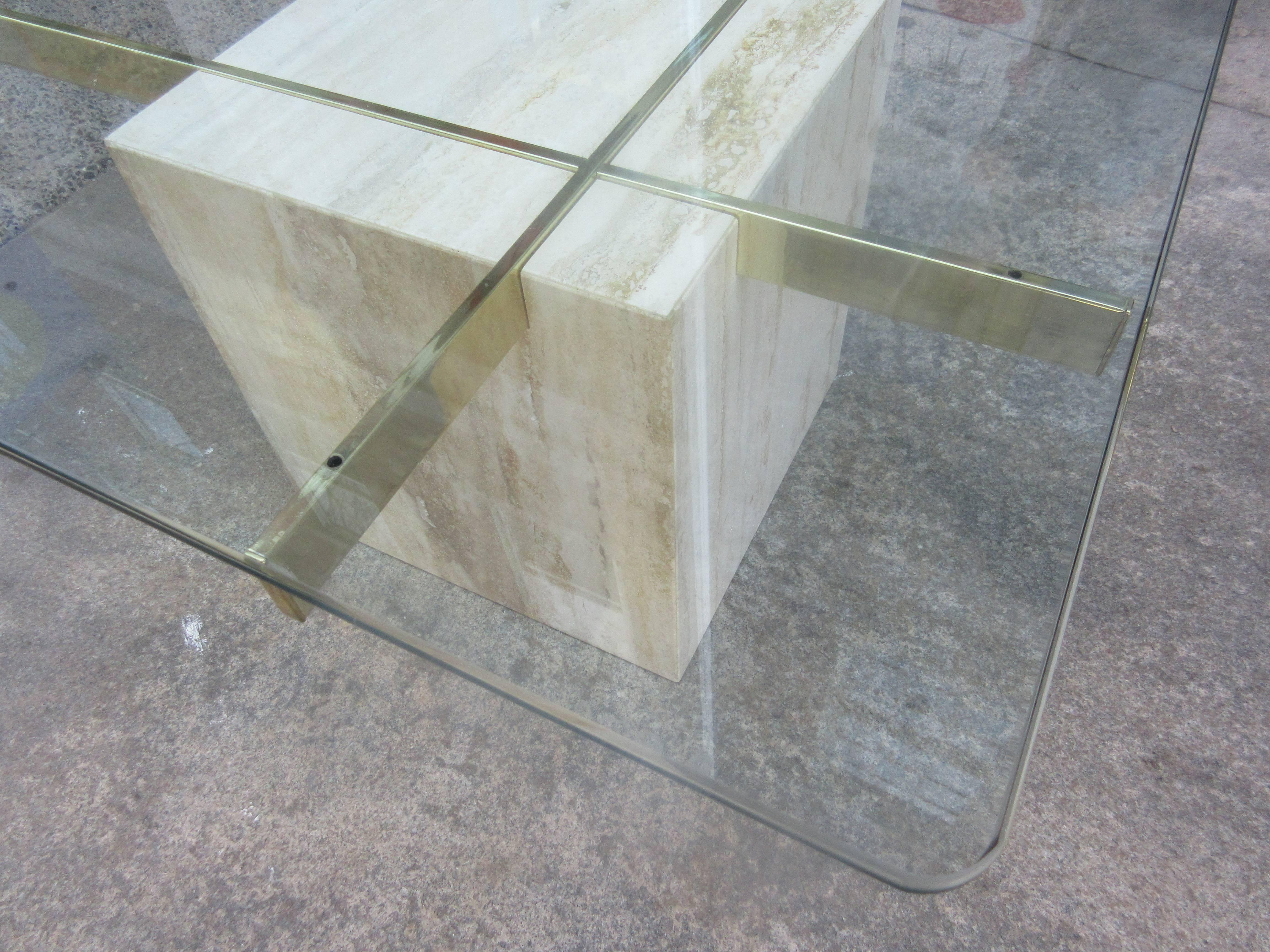 Square glass top coffee table with brass supports and marble cube base by Artedi. Bought from original owner.