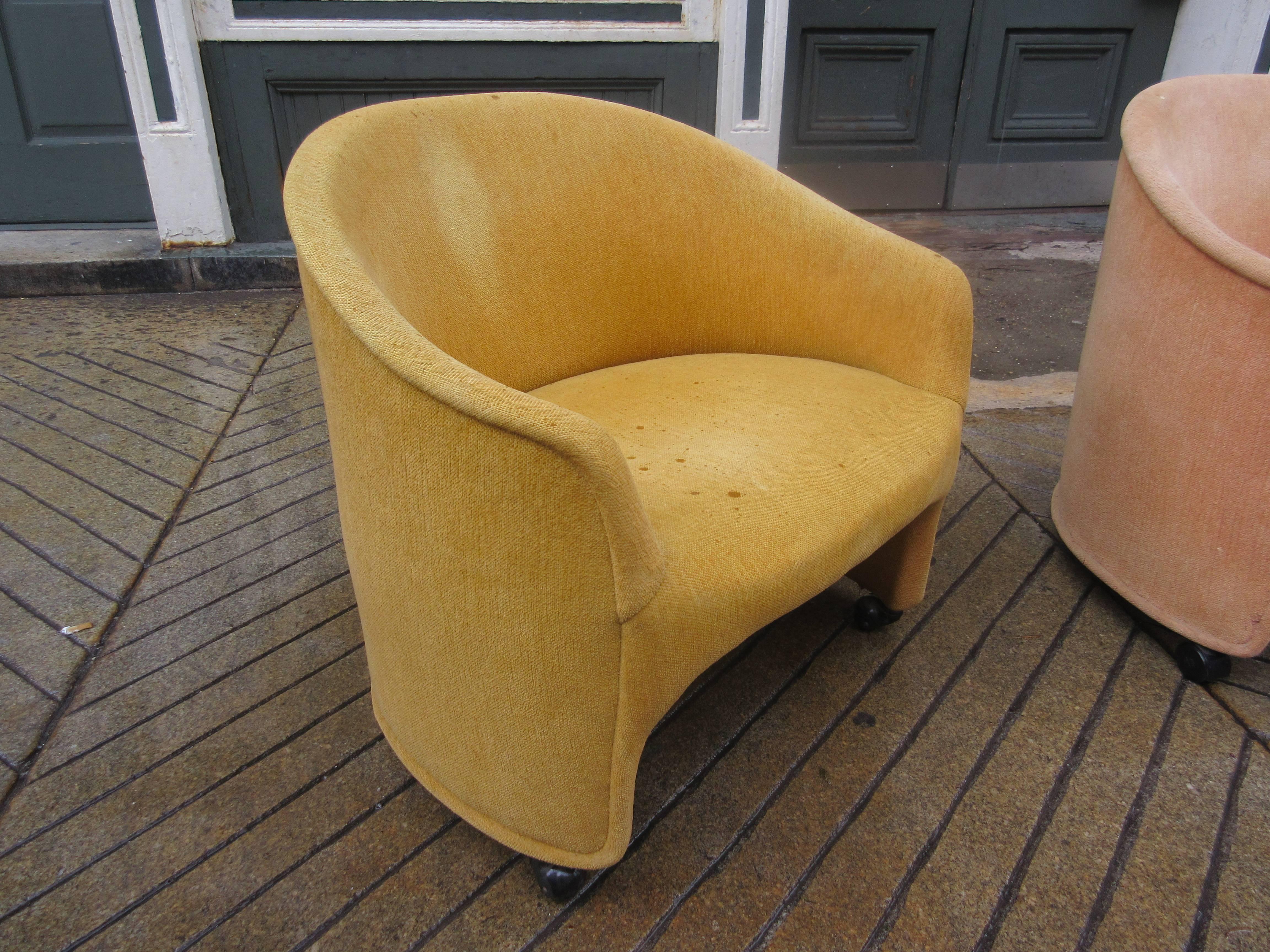 Great scale Ward Bennett lounge chairs on wheels! Probably from the late 1970s needing to be reupholstered.