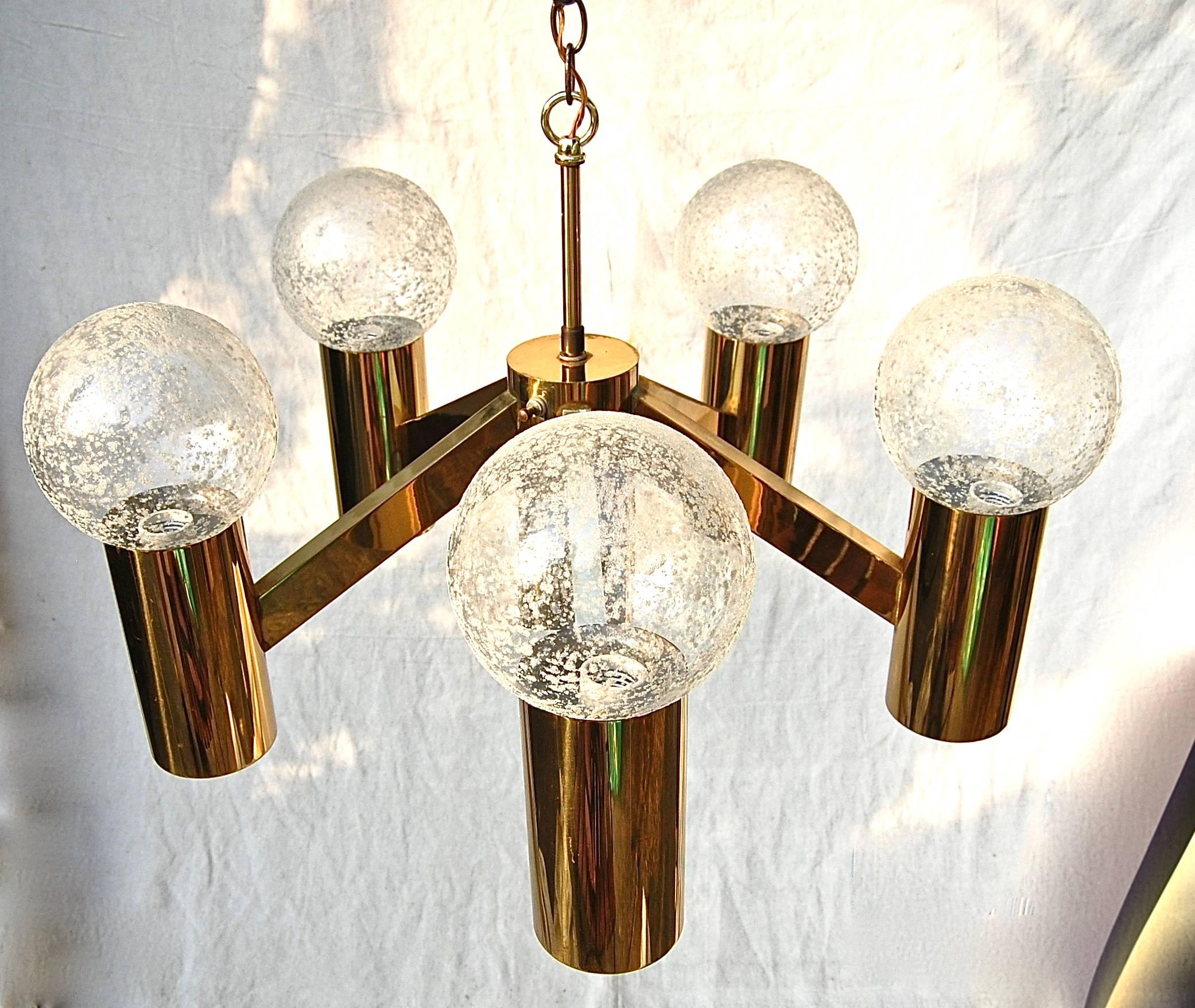 Mid-Century Modern Five-Arm Brass Chandelier with Frosted Glass Ball Shades