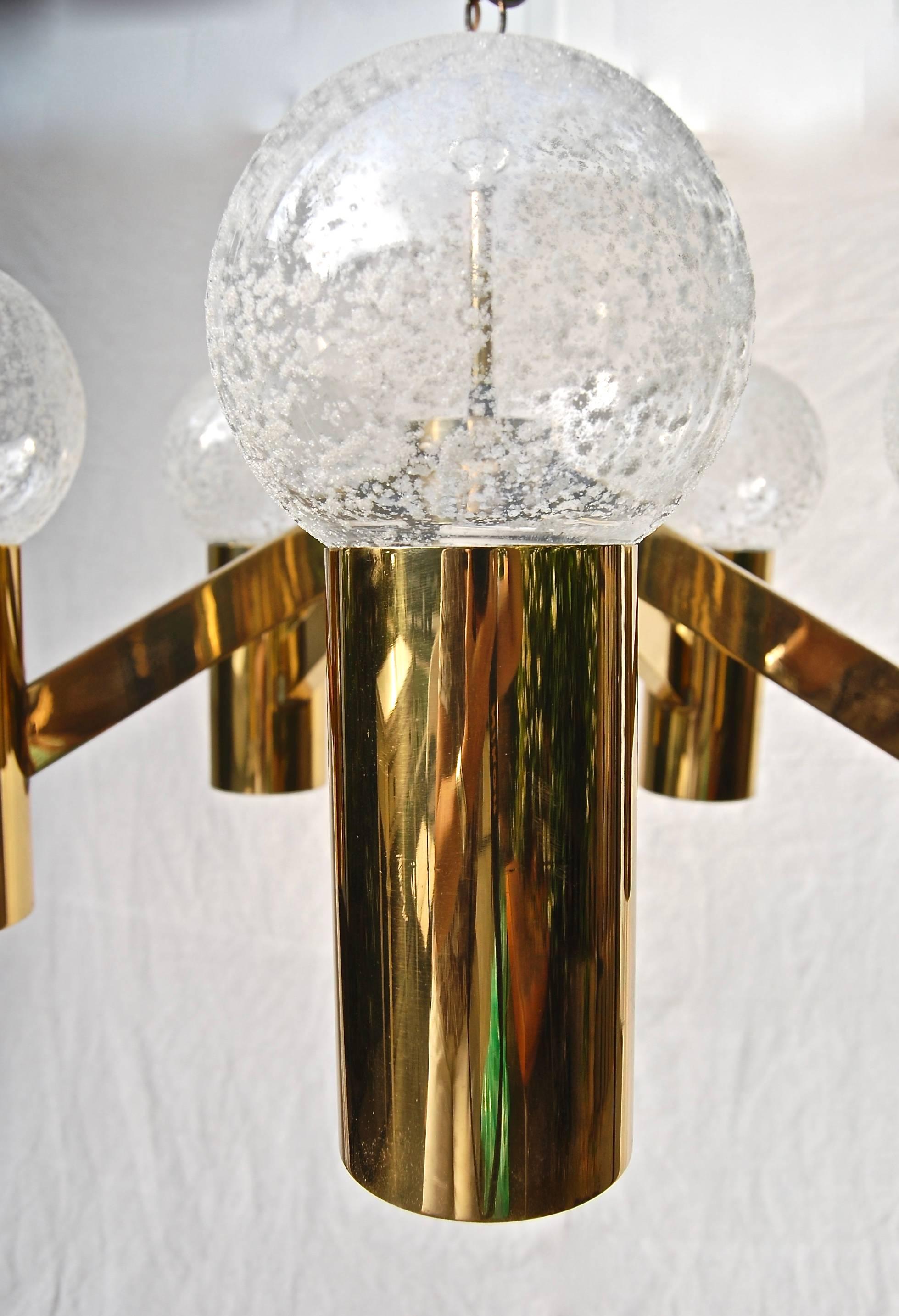 Five-Arm Brass Chandelier with Frosted Glass Ball Shades In Excellent Condition In Philadelphia, PA