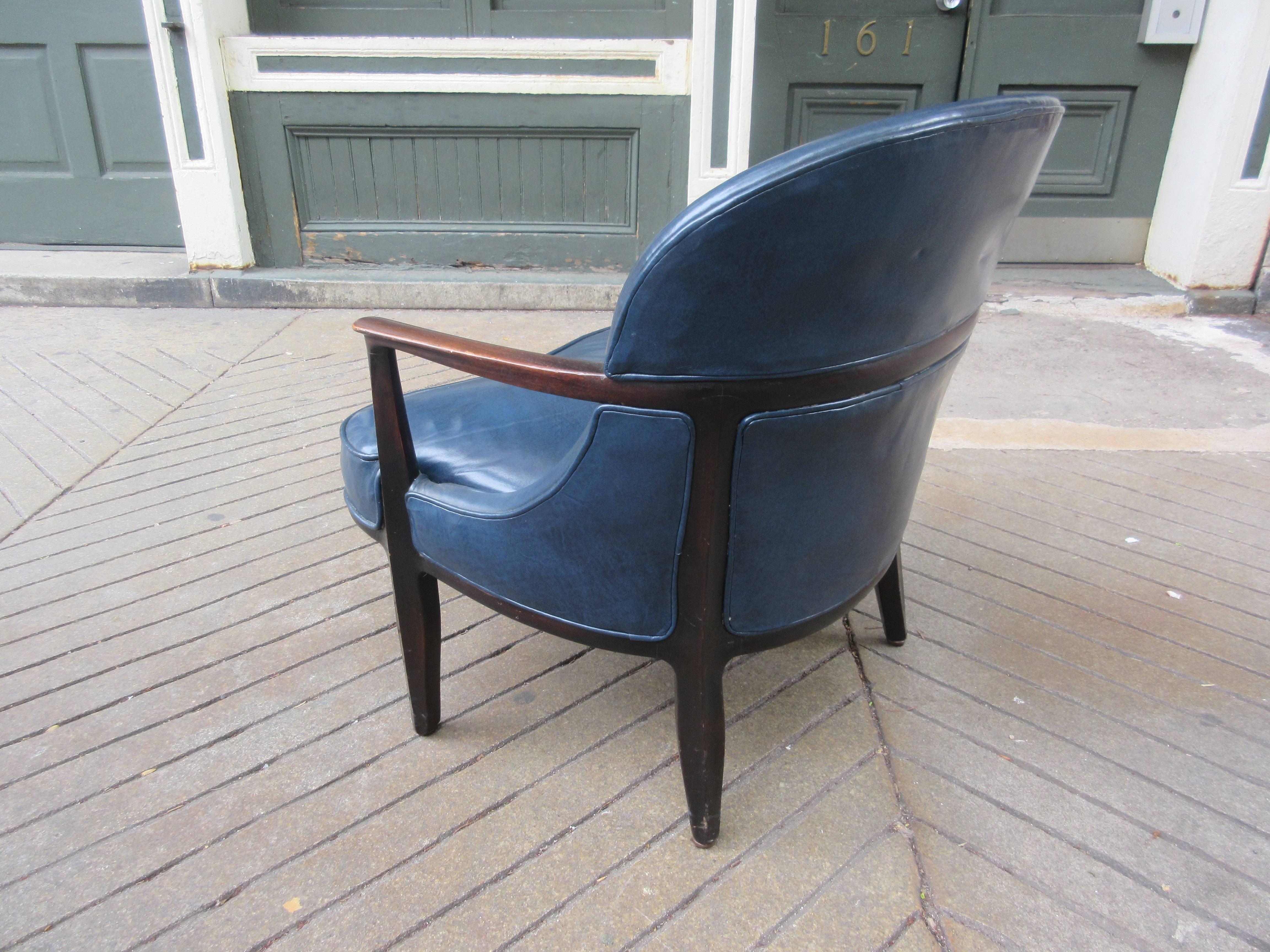 Nice blue leather chair, all original! Designed by Edward Wormley for Dunbar. Dark walnut finish, nice fitted back of chair as shown in photos! Retains Dunbar 