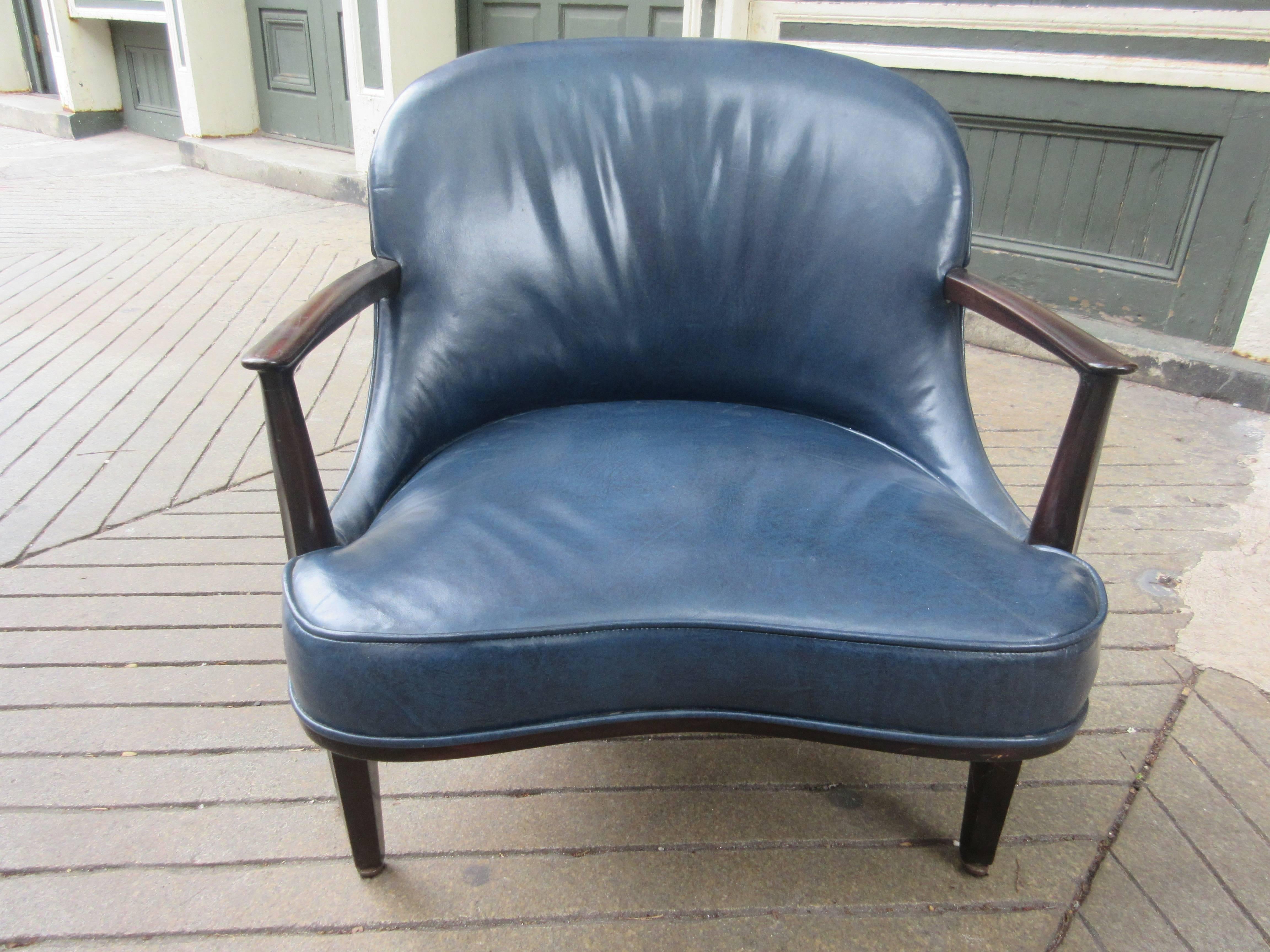 Mid-Century Modern Dunbar Edward Wormley Janus Collection Blue Leather Chair