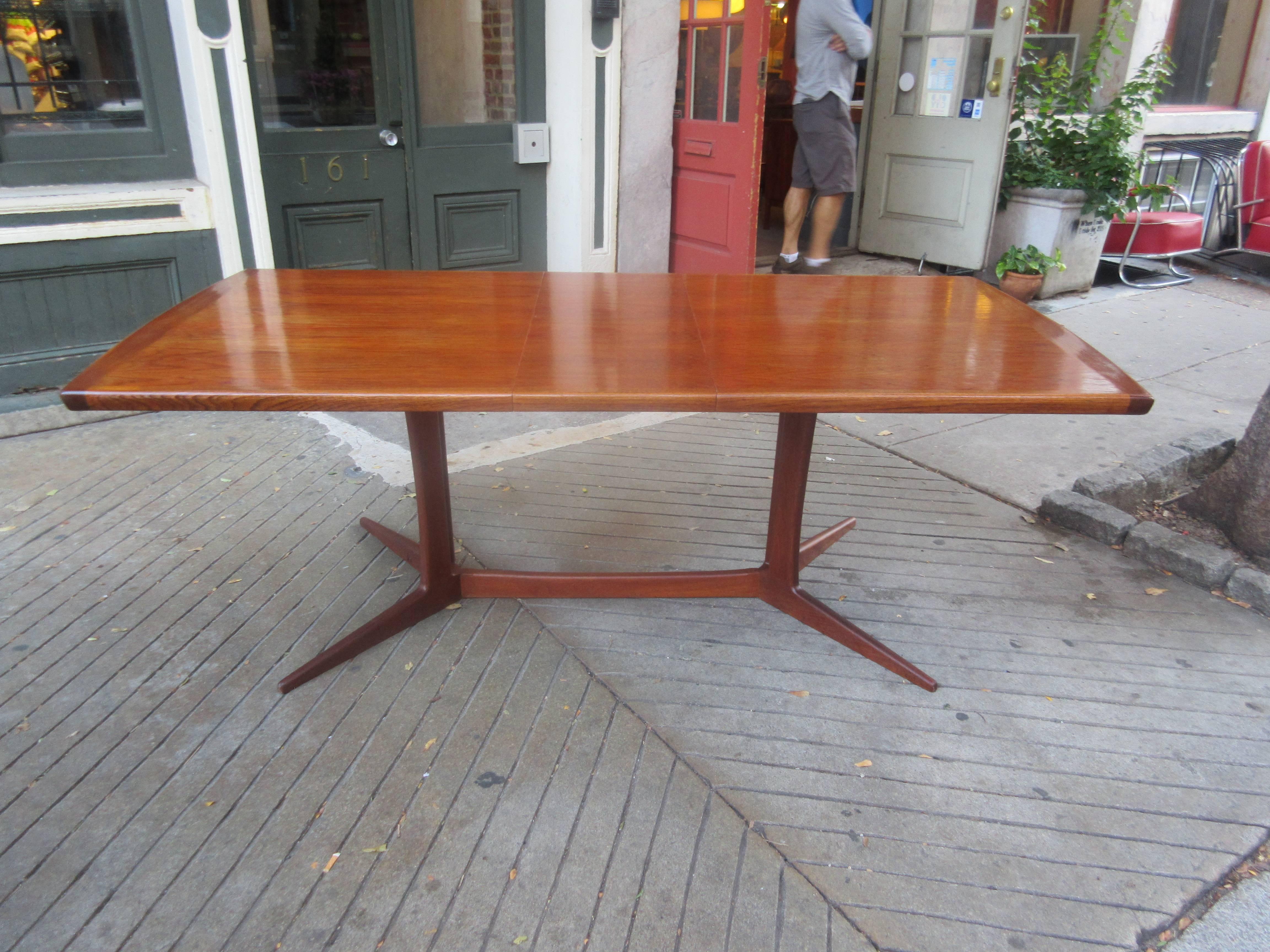 Danish Rectangular Teak Dining Table or Splayed Leg- 1 Leaf In Excellent Condition In Philadelphia, PA