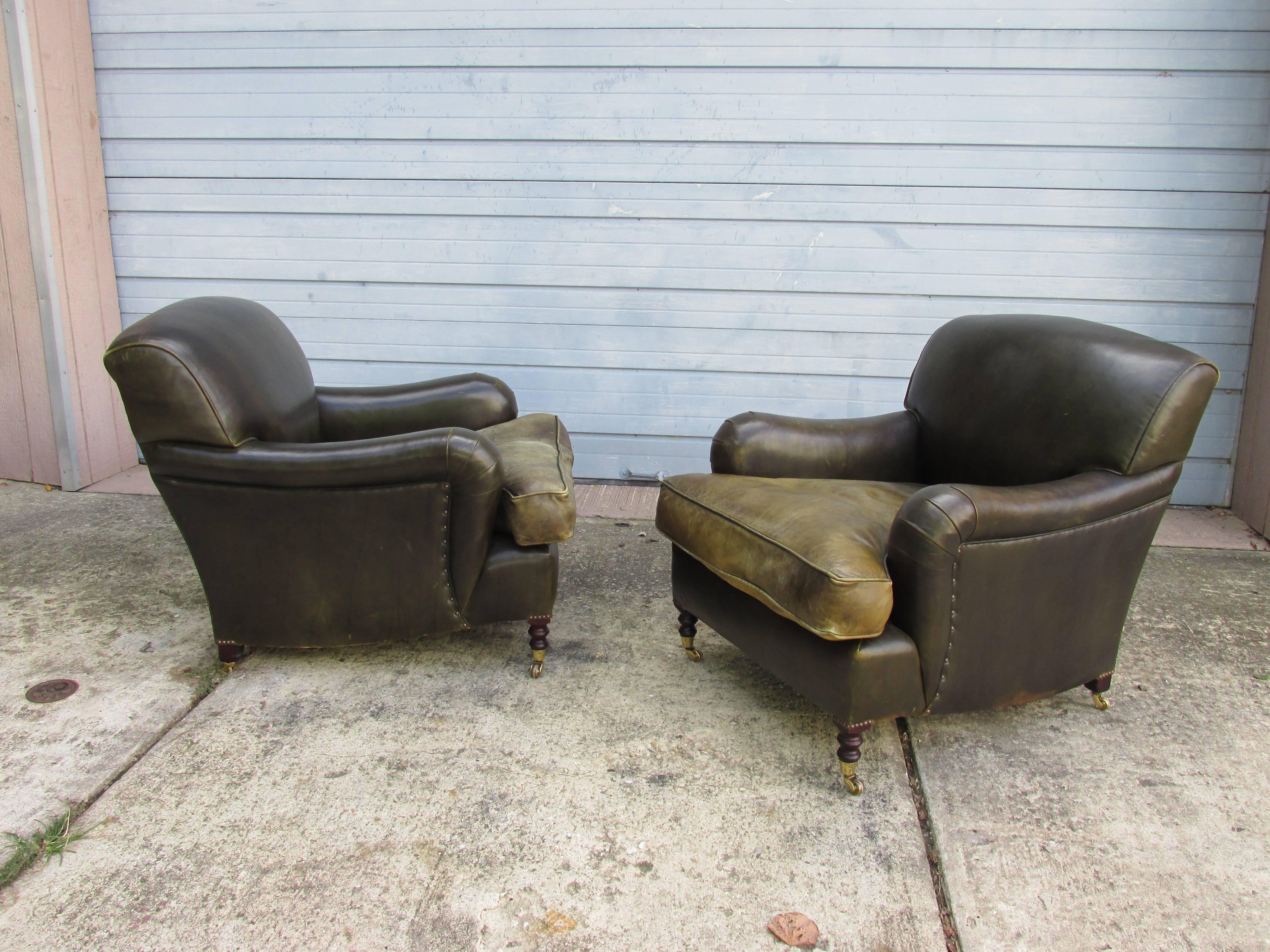 Brass George Smith Pair of Medium Std. Armchairs in Dark Green Leather