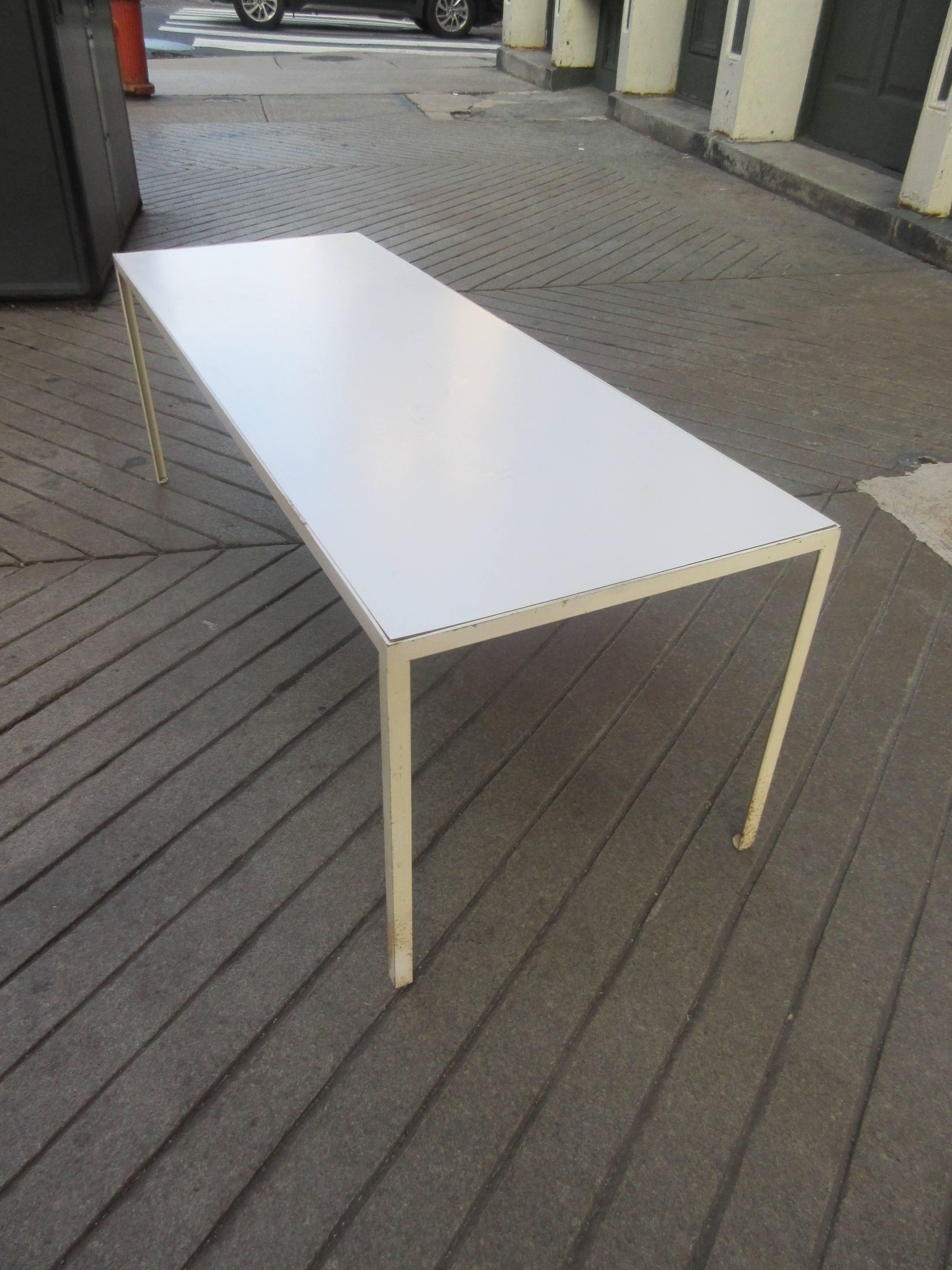 Classic George Nelson steelcase series coffee table. White painted iron frame with white Formica top. Retains original foil label! All original!