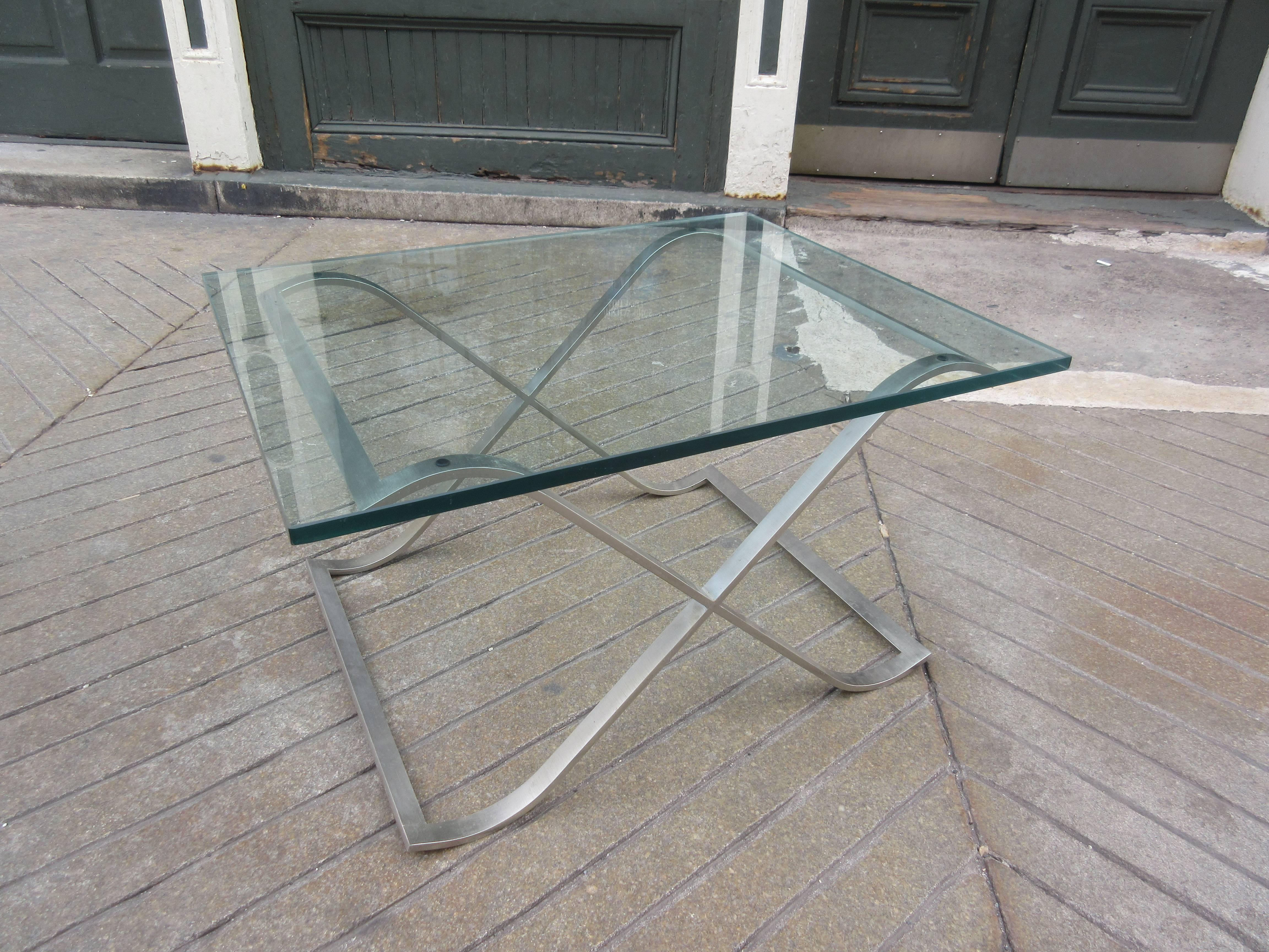Mid-20th Century Barcelona Style X-Base Coffee Table in Stainless Steel and Glass