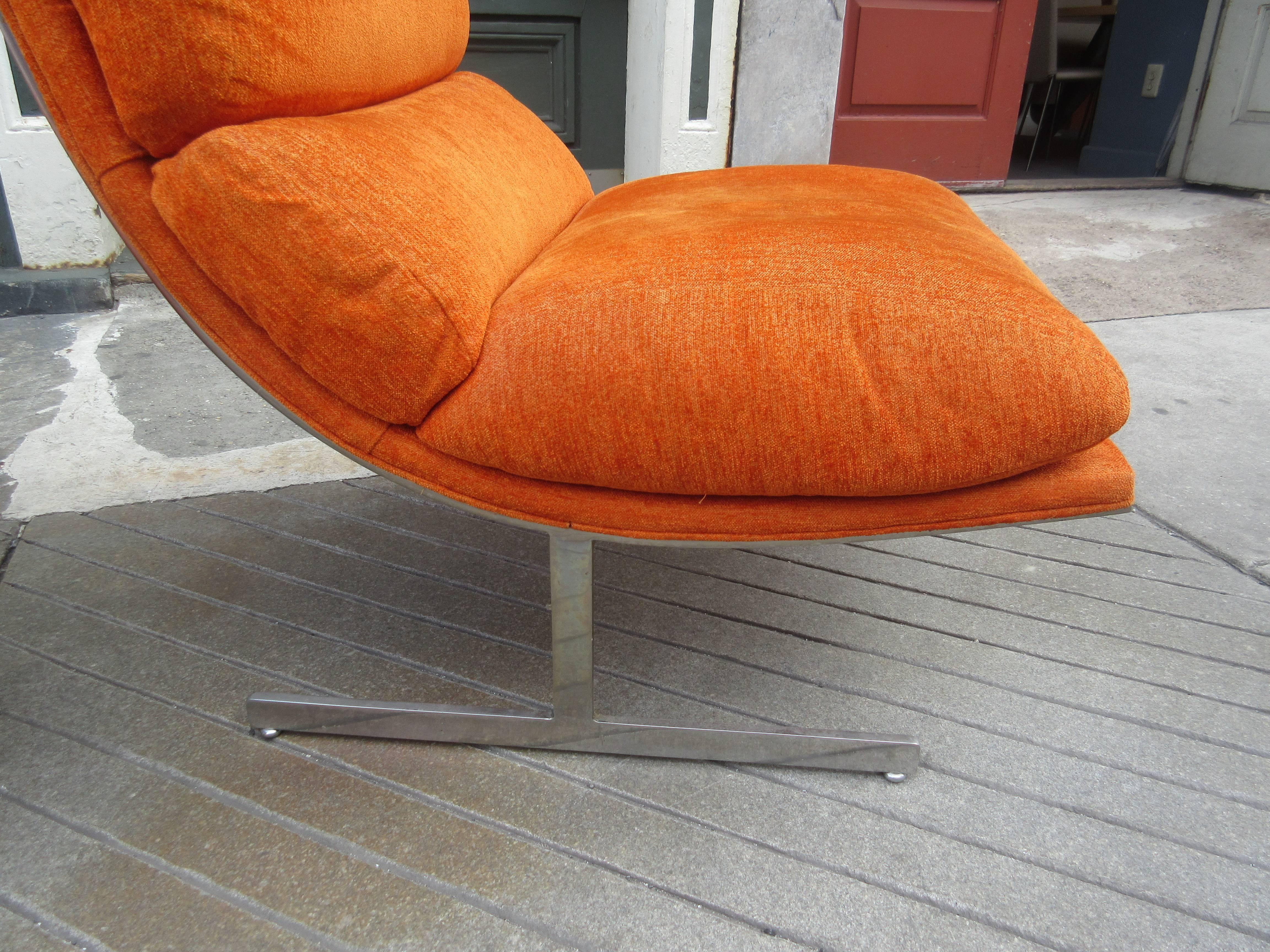 Pair of Milo Baughman for Thayer Coggin lounge chairs in original 1960s orange fabric with welded solid steel frames. Each chair has leveling pod feet and the original upholstery which is totally serviceable. Bought from original owner who decorated