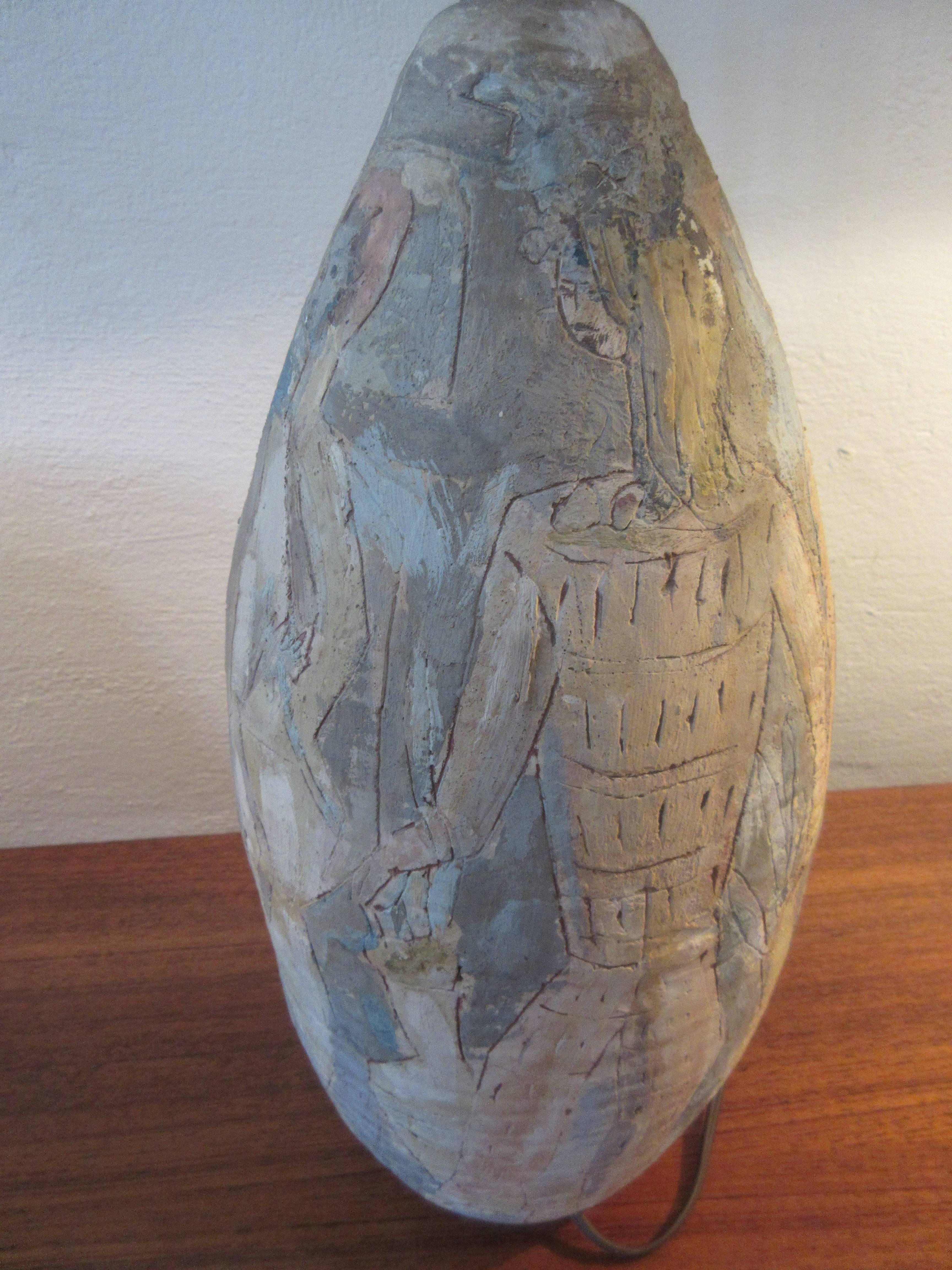 Possibly Italian, hand-thrown 1950s table lamp with incised figurative ladies. Painted in shades of blues and pinks. Unsigned but very nice quality and design. Pottery is about 7