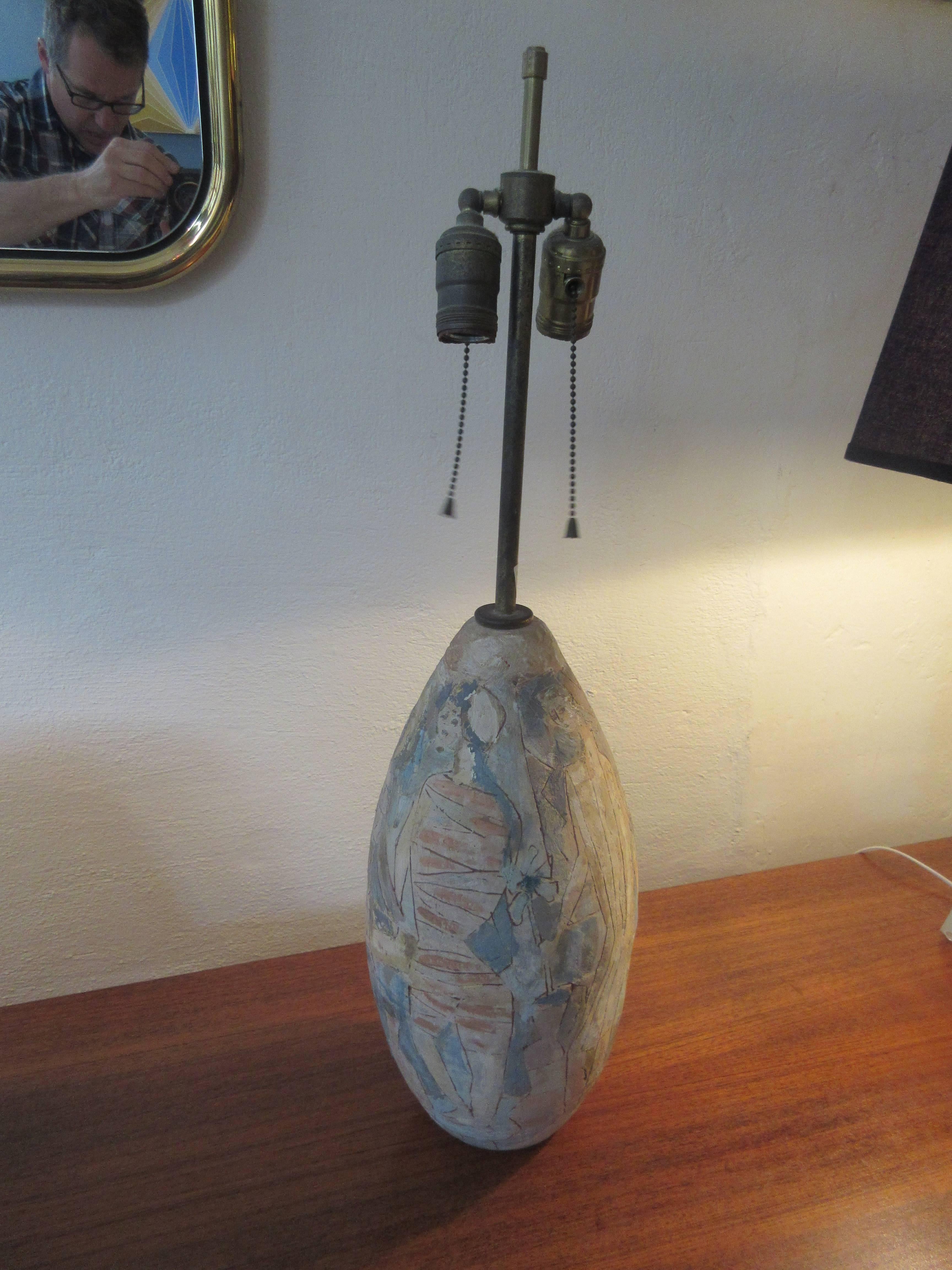 Mid-20th Century 1950s Hand-Thrown and Incised Table Lamp