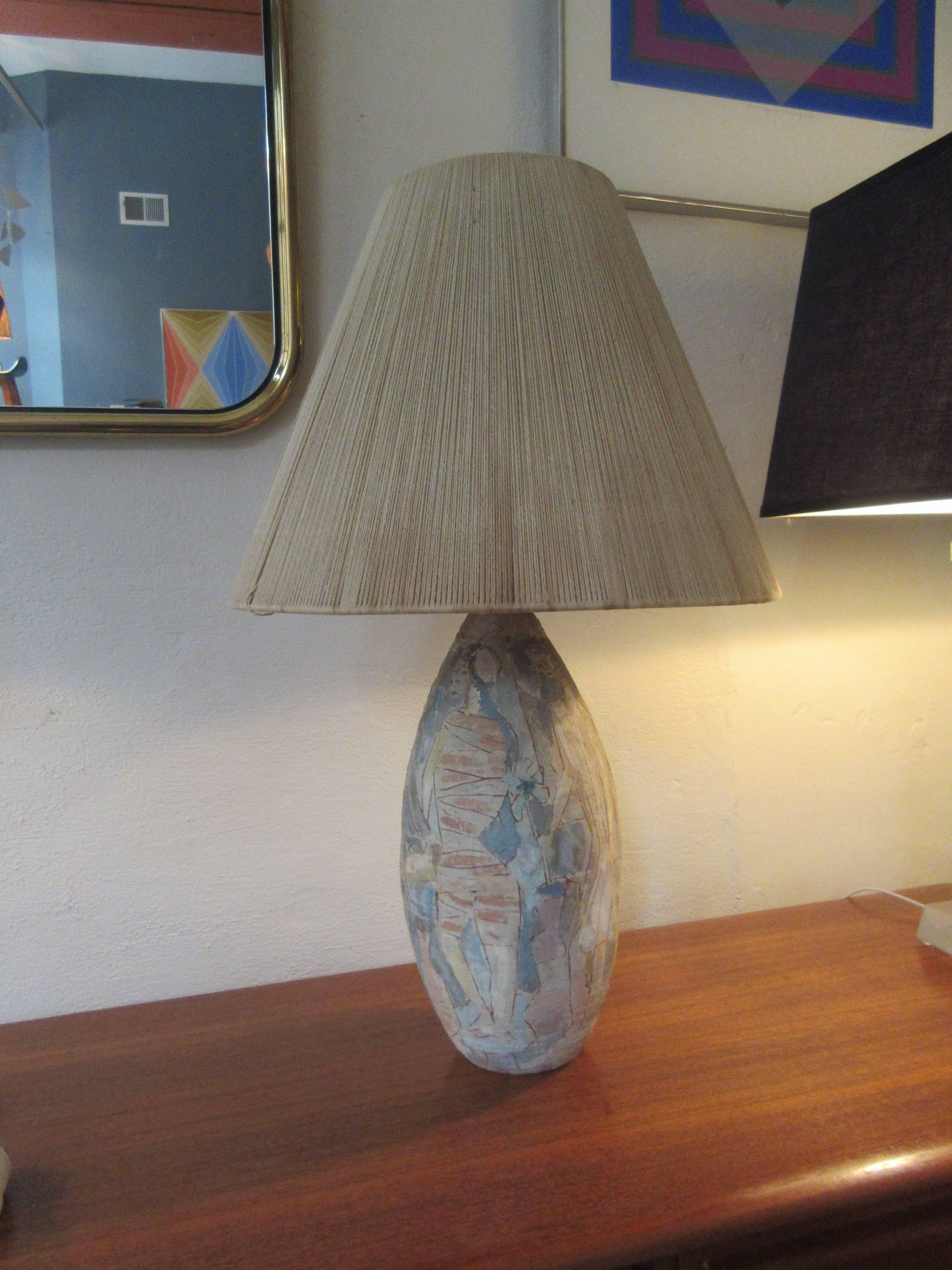 Pottery 1950s Hand-Thrown and Incised Table Lamp