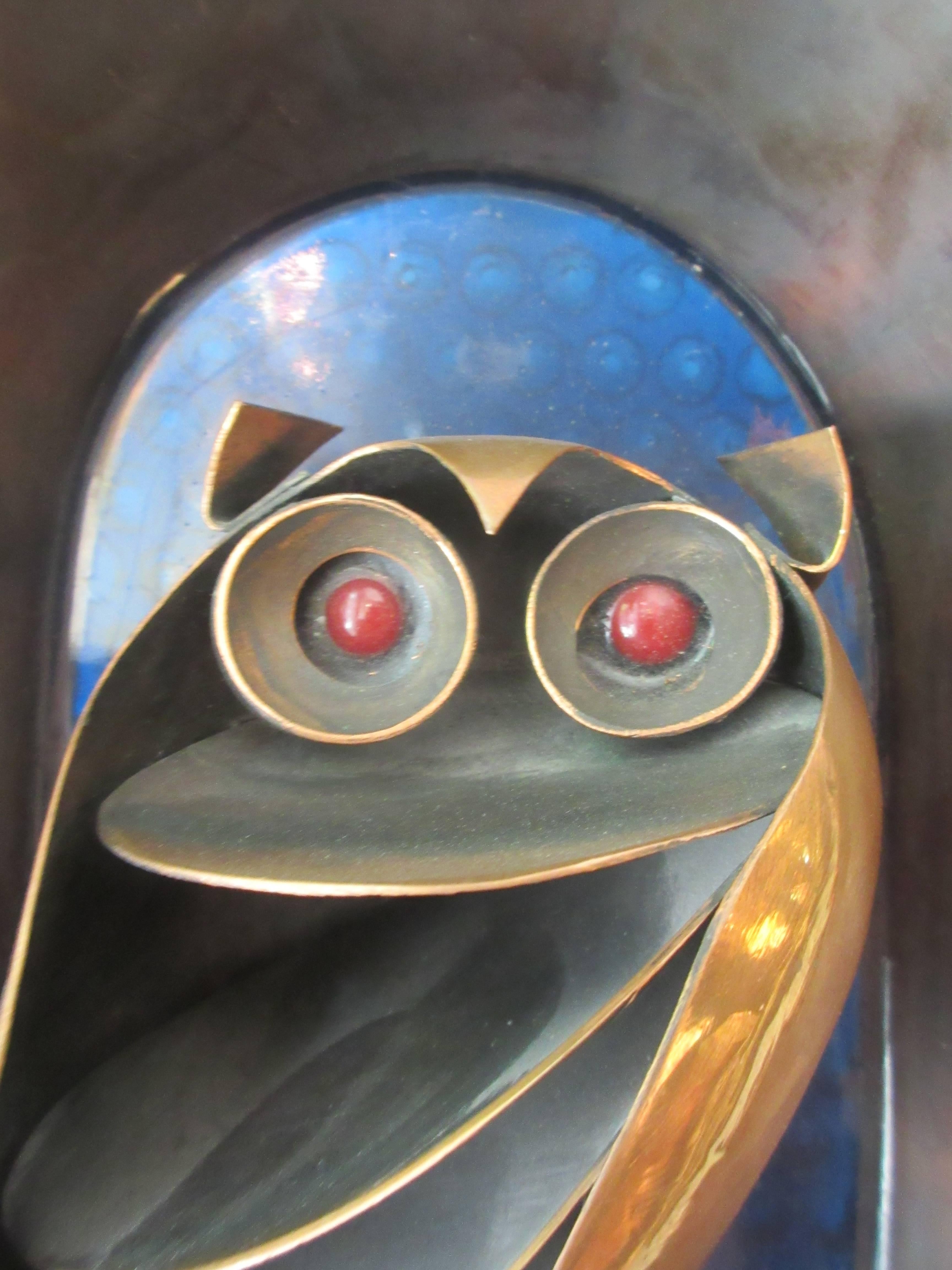 Signed Bolba copper sculpture of and owl framed in an arch and backed with a blue resin giving the impression of stained glass. The work is reminiscent of the work of Francisco Rebajas. Done in the 1950s in Hungry (the H after the Bolba name) Some