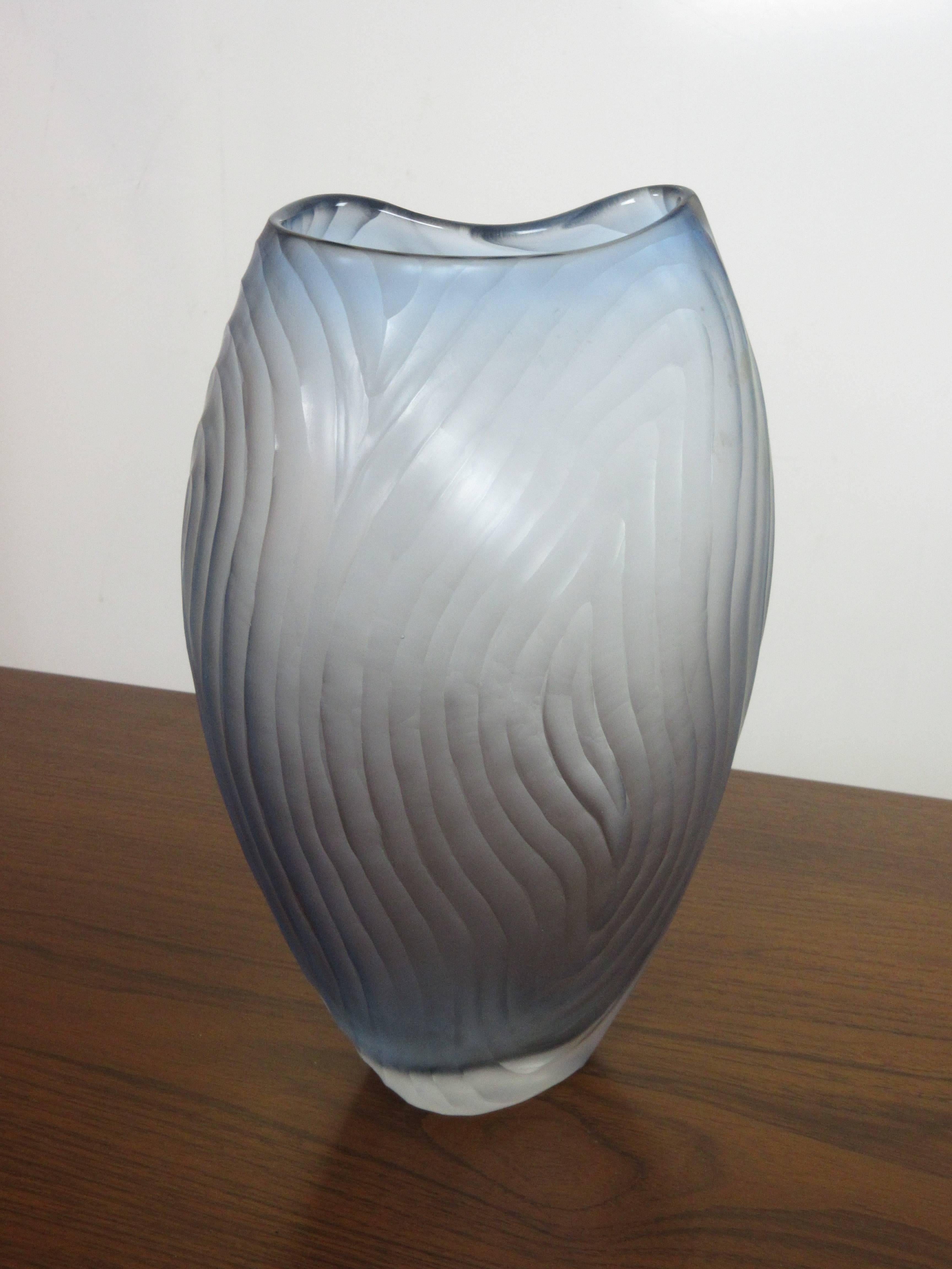 Blown Glass C. Manga Italian Amorphic Blue Ice Engraved Vase
