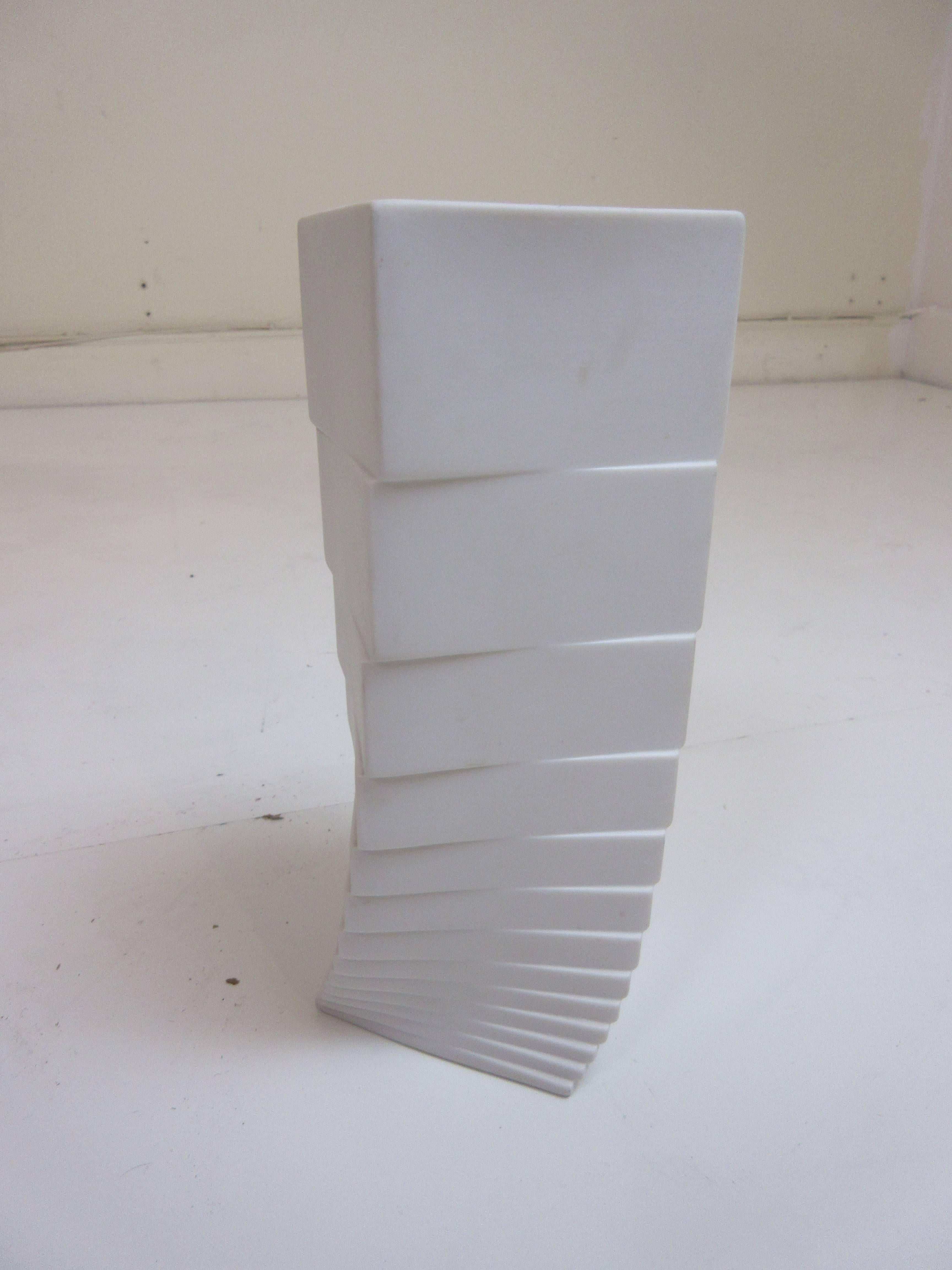Rosenthal Studio line porcelain vase signed Hausler-Goltz. Stacked twisted cubes form the vase. The porcelain is a matte finish and it is signed in script and block letters,.