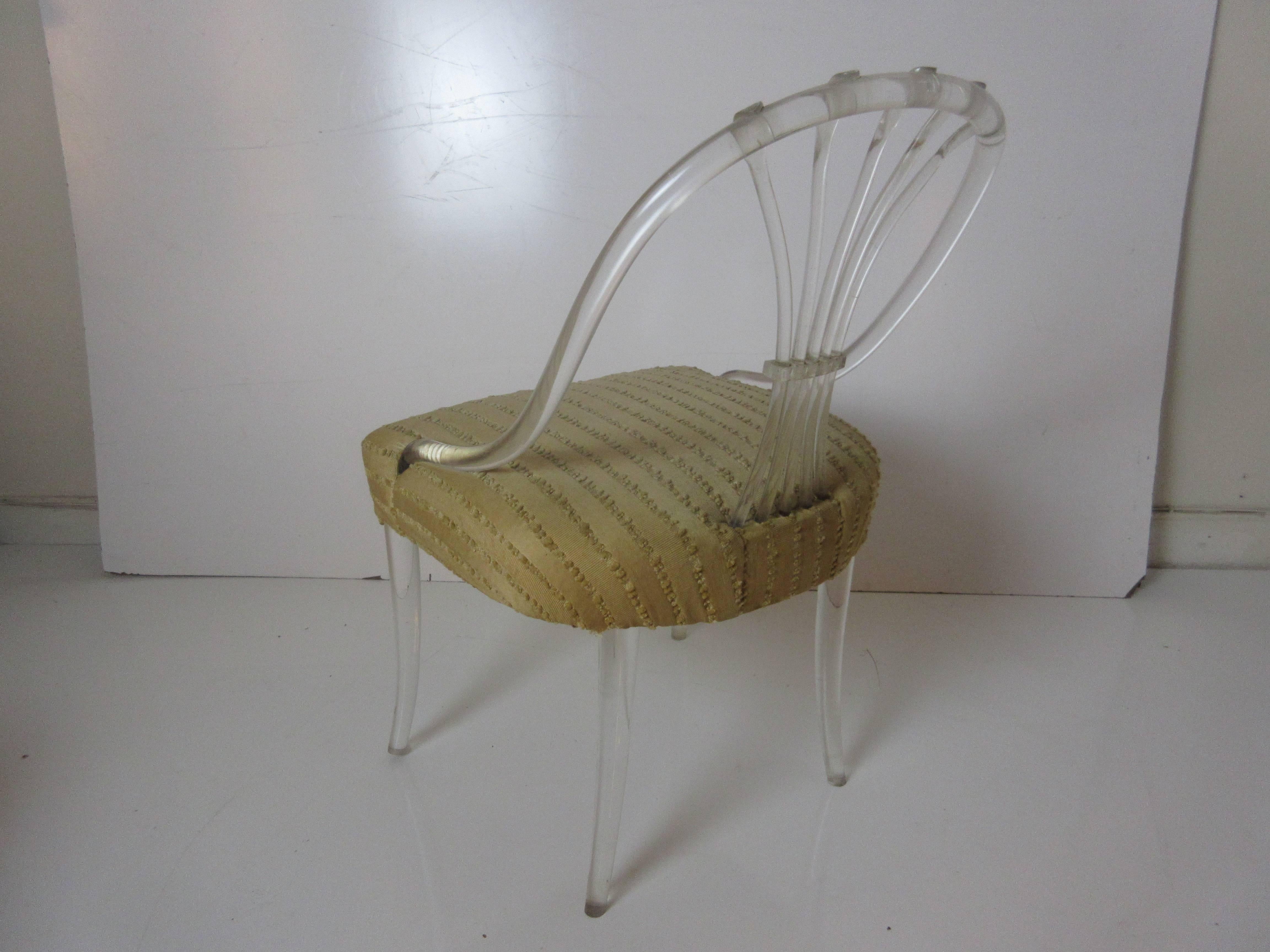 Lucite chair in the manner of Lorin Jackson for Grosfeld House. This 1930s chair retains its original chenille fabric and gently curved legs all in incredible original condition. It is not faded or stained and the Lucite is crystalline. No chips or