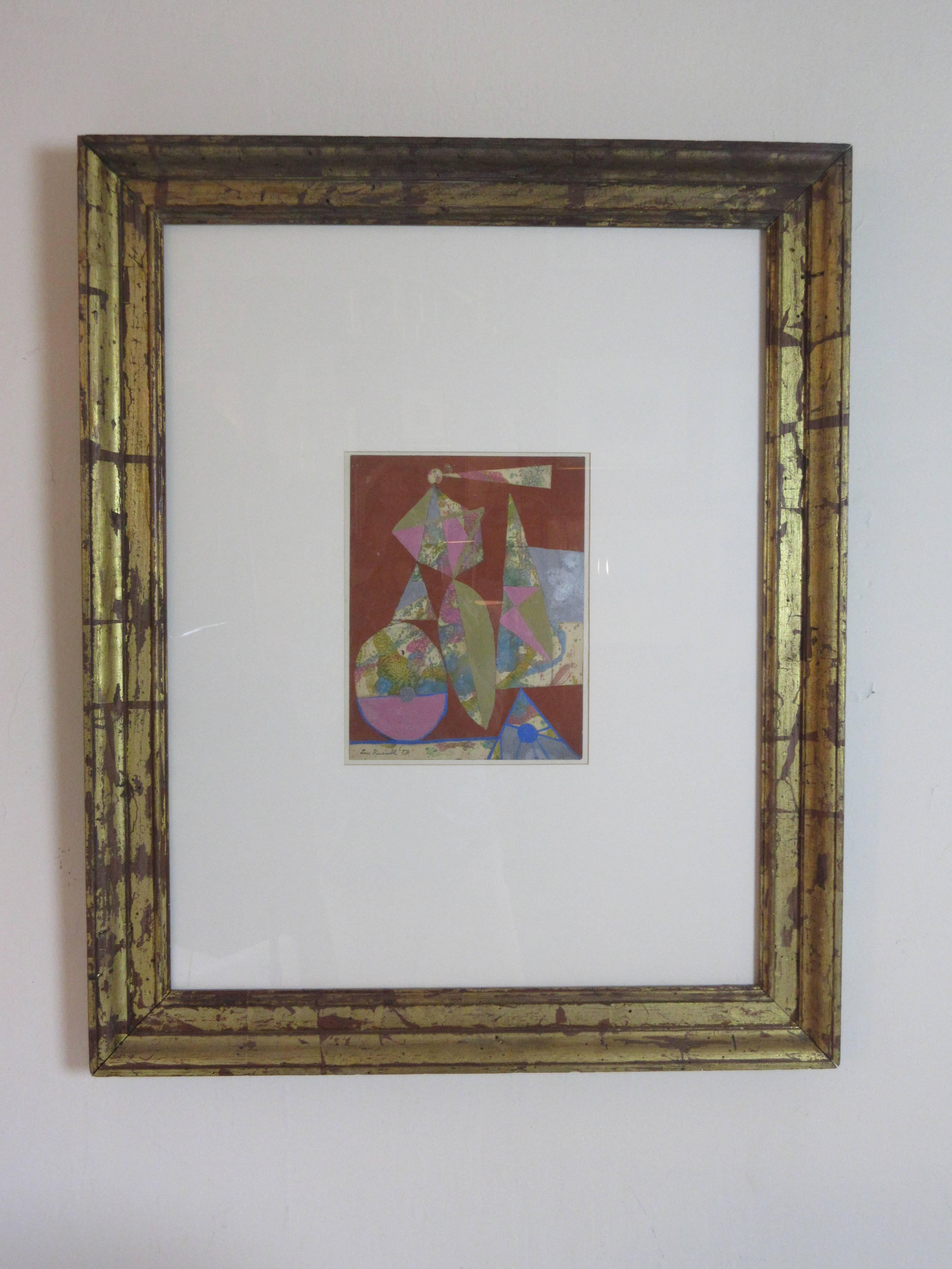 Leo Russel Gouache 1956. Organic abstract shapes on paper framed in distressed gold leaf and under glass. Image is 8.5 x 11. Frame is 26.5 x 33.